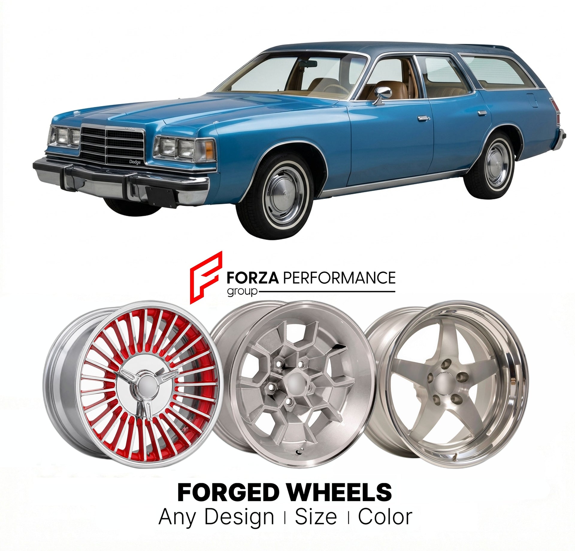 CUSTOM CLASSIC VINTAGE RESTOMOD RETRO OLD SCHOOL FORGED WHEELS RIMS for DODGE MAGNUM 1978 - 1979
Custom forged wheels for classic American muscle cars. Ideal for restomod builds, vintage restorations, and show cars. Deep dish and retro styling available.

We manufacture premium quality forged wheels rims for Dodge Magnum 1978 - 1979 in any design, size, color.

THIS WHEEL DESIGN CAN BE CUSTOM-MADE FOR YOUR CAR IN ANY SIZE AND COLOR OPTIONS
Available in monoblock, 2-piece, 3-piece, duoblock, beadlock
3D whee