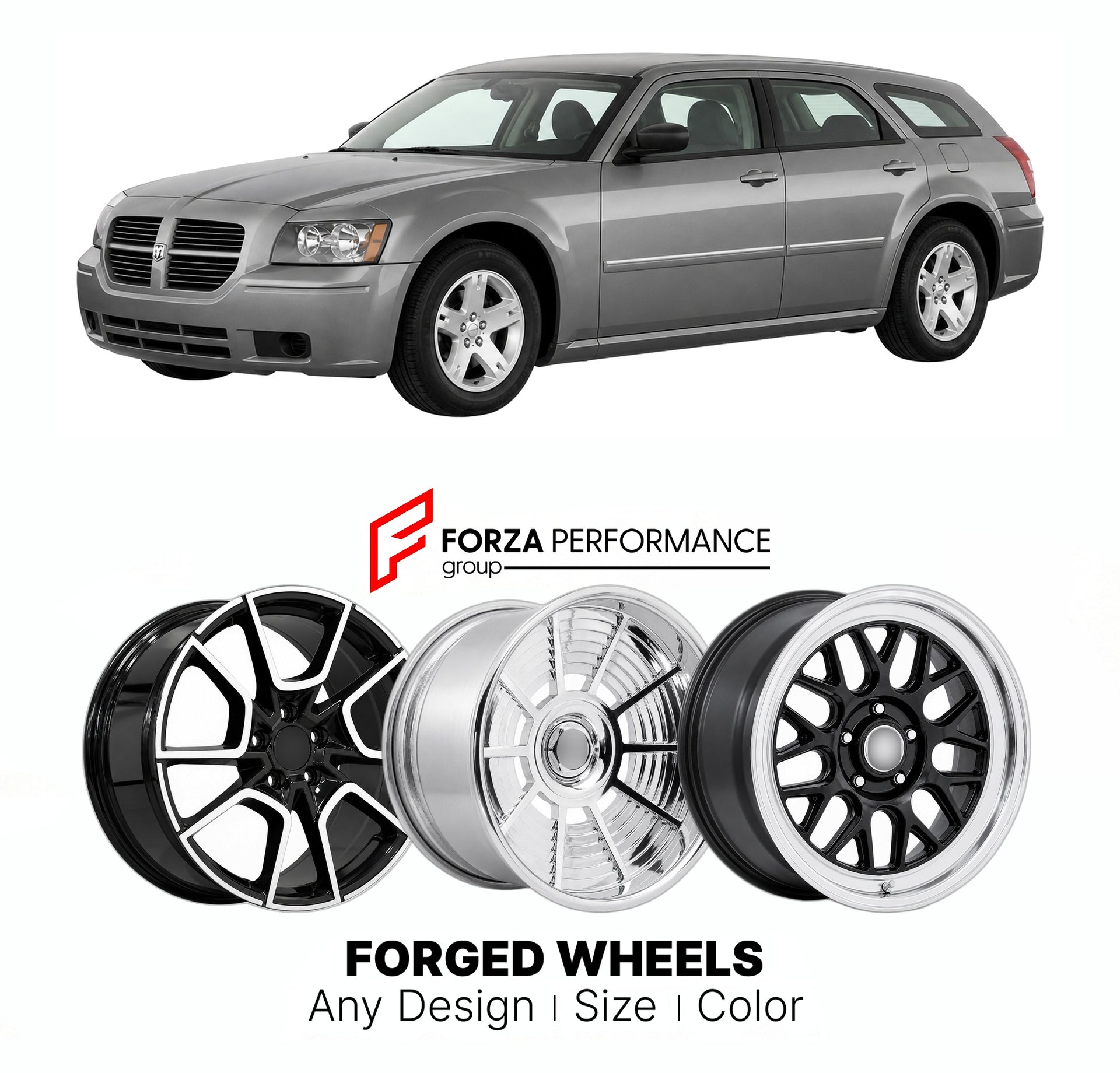 FORGED WHEELS RIMS for DODGE MAGNUM LX WAGON 2005 - 2008

Custom forged wheels for Dodge Magnum LX Wagon 2005 - 2008. Made-to-order monoblock, 2-piece and 3-piece rims in custom sizes, offsets, colors and finishes with guaranteed fitment.

We manufacture premium quality forged wheels rims for Dodge Magnum LX Wagon 2005 - 2008 in any design, size, color.

THIS WHEEL DESIGN CAN BE CUSTOM-MADE FOR YOUR CAR IN ANY SIZE AND COLOR OPTIONS
Available in monoblock, 2-piece, 3-piece, duoblock, beadlock
3D wheel rende