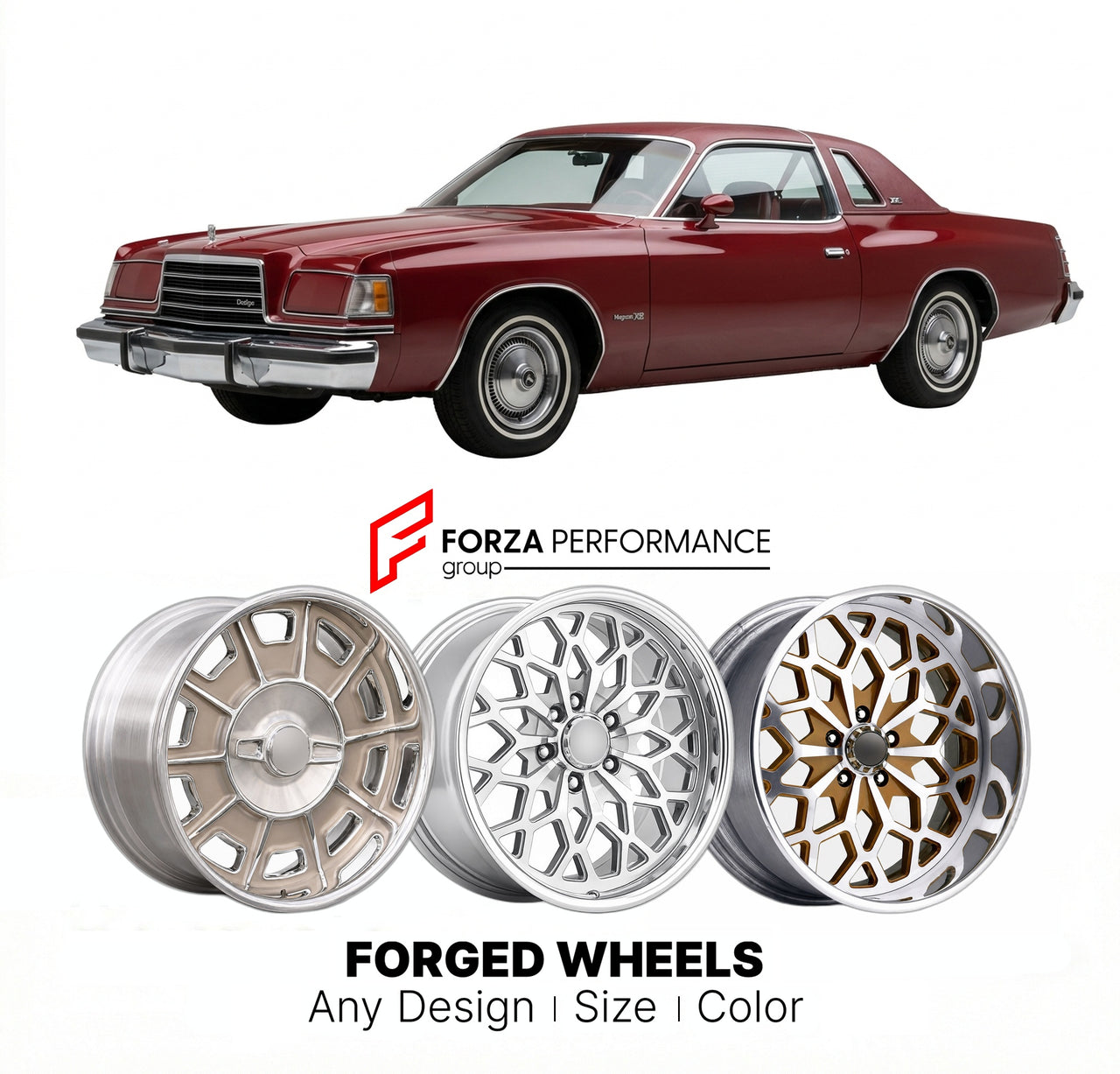 CUSTOM CLASSIC VINTAGE RESTOMOD RETRO OLD SCHOOL FORGED WHEELS RIMS for DODGE MAGNUM XE 1978 - 1979
Custom forged wheels for classic American muscle cars. Ideal for restomod builds, vintage restorations, and show cars. Deep dish and retro styling available.

We manufacture premium quality forged wheels rims for Dodge Magnum XE 1978 - 1979 in any design, size, color.

THIS WHEEL DESIGN CAN BE CUSTOM-MADE FOR YOUR CAR IN ANY SIZE AND COLOR OPTIONS
Available in monoblock, 2-piece, 3-piece, duoblock, beadlock
3