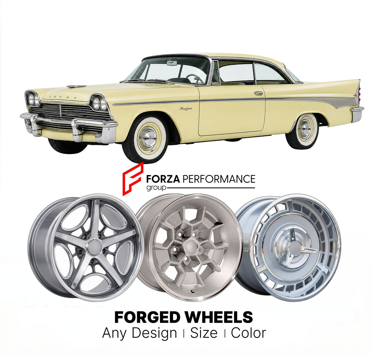 CUSTOM CLASSIC VINTAGE RESTOMOD RETRO OLD SCHOOL FORGED WHEELS RIMS for DODGE MAYFAIR 1958 - 1959
Custom forged wheels for classic American muscle cars. Ideal for restomod builds, vintage restorations, and show cars. Deep dish and retro styling available.

We manufacture premium quality forged wheels rims for Dodge Mayfair 1958 - 1959 in any design, size, color.

THIS WHEEL DESIGN CAN BE CUSTOM-MADE FOR YOUR CAR IN ANY SIZE AND COLOR OPTIONS
Available in monoblock, 2-piece, 3-piece, duoblock, beadlock
3D wh