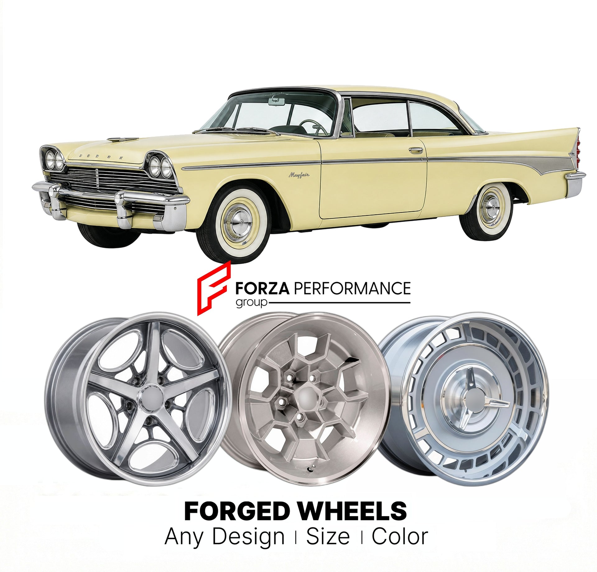 CUSTOM CLASSIC VINTAGE RESTOMOD RETRO OLD SCHOOL FORGED WHEELS RIMS for DODGE MAYFAIR 1958 - 1959
Custom forged wheels for classic American muscle cars. Ideal for restomod builds, vintage restorations, and show cars. Deep dish and retro styling available.

We manufacture premium quality forged wheels rims for Dodge Mayfair 1958 - 1959 in any design, size, color.

THIS WHEEL DESIGN CAN BE CUSTOM-MADE FOR YOUR CAR IN ANY SIZE AND COLOR OPTIONS
Available in monoblock, 2-piece, 3-piece, duoblock, beadlock
3D wh