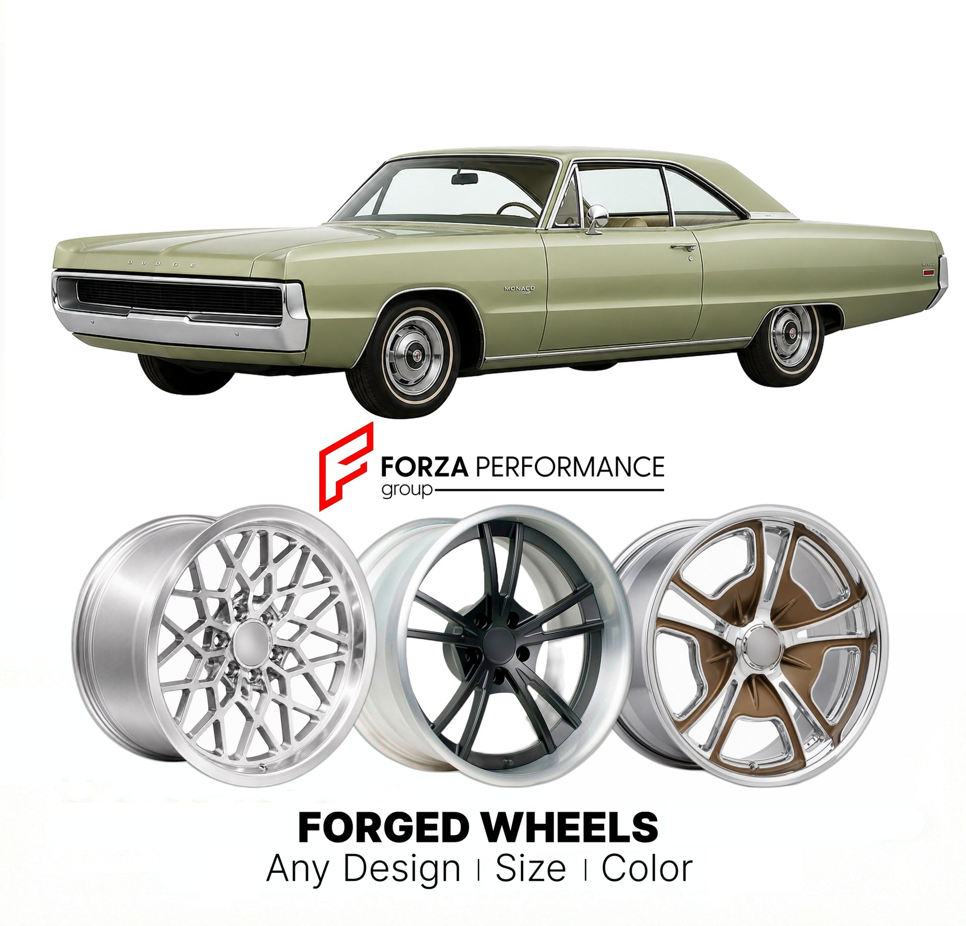 CUSTOM CLASSIC VINTAGE RESTOMOD RETRO OLD SCHOOL FORGED WHEELS RIMS for DODGE MONACO 1969 - 1973
Custom forged wheels for classic American muscle cars. Ideal for restomod builds, vintage restorations, and show cars. Deep dish and retro styling available.

We manufacture premium quality forged wheels rims for Dodge Monaco 1969 - 1973 in any design, size, color.

THIS WHEEL DESIGN CAN BE CUSTOM-MADE FOR YOUR CAR IN ANY SIZE AND COLOR OPTIONS
Available in monoblock, 2-piece, 3-piece, duoblock, beadlock
3D whee