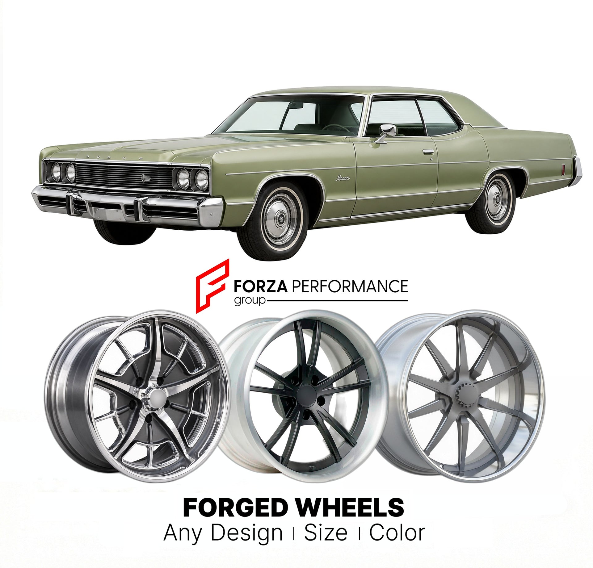 CUSTOM CLASSIC VINTAGE RESTOMOD RETRO OLD SCHOOL FORGED WHEELS RIMS for DODGE MONACO 1974 - 1976
Custom forged wheels for classic American muscle cars. Ideal for restomod builds, vintage restorations, and show cars. Deep dish and retro styling available.

We manufacture premium quality forged wheels rims for Dodge Monaco 1974 - 1976 in any design, size, color.

THIS WHEEL DESIGN CAN BE CUSTOM-MADE FOR YOUR CAR IN ANY SIZE AND COLOR OPTIONS
Available in monoblock, 2-piece, 3-piece, duoblock, beadlock
3D whee