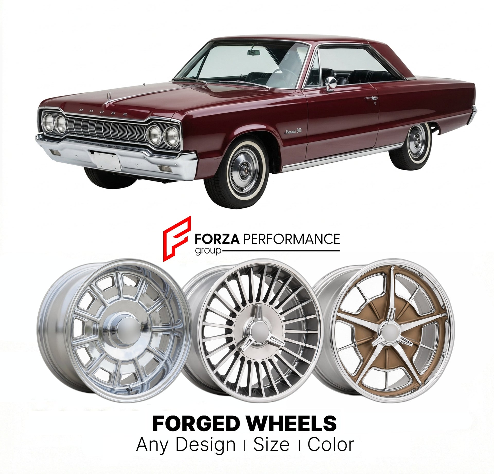 CUSTOM CLASSIC VINTAGE RESTOMOD RETRO OLD SCHOOL FORGED WHEELS RIMS for DODGE MONACO 500 1965 - 1968
Custom forged wheels for classic American muscle cars. Ideal for restomod builds, vintage restorations, and show cars. Deep dish and retro styling available.

We manufacture premium quality forged wheels rims for Dodge Monaco 500 1965 - 1968 in any design, size, color.

THIS WHEEL DESIGN CAN BE CUSTOM-MADE FOR YOUR CAR IN ANY SIZE AND COLOR OPTIONS
Available in monoblock, 2-piece, 3-piece, duoblock, beadlock