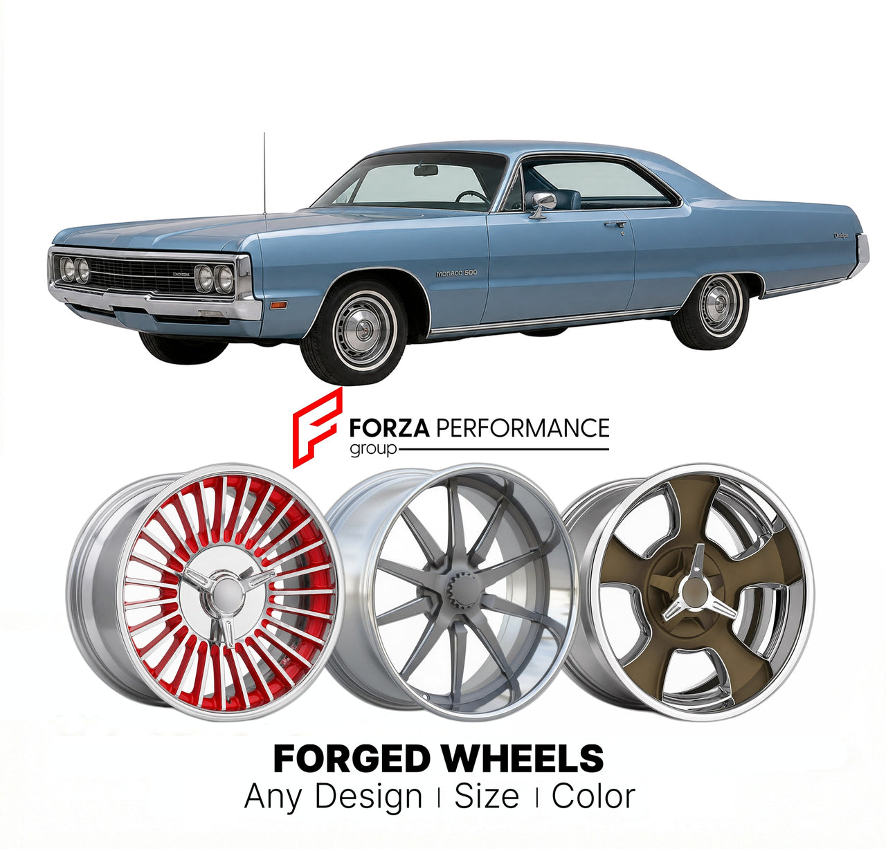 CUSTOM CLASSIC VINTAGE RESTOMOD RETRO OLD SCHOOL FORGED WHEELS RIMS for DODGE MONACO 500 1969 - 1973
Custom forged wheels for classic American muscle cars. Ideal for restomod builds, vintage restorations, and show cars. Deep dish and retro styling available.

We manufacture premium quality forged wheels rims for Dodge Monaco 500 1969 - 1973 in any design, size, color.

THIS WHEEL DESIGN CAN BE CUSTOM-MADE FOR YOUR CAR IN ANY SIZE AND COLOR OPTIONS
Available in monoblock, 2-piece, 3-piece, duoblock, beadlock
