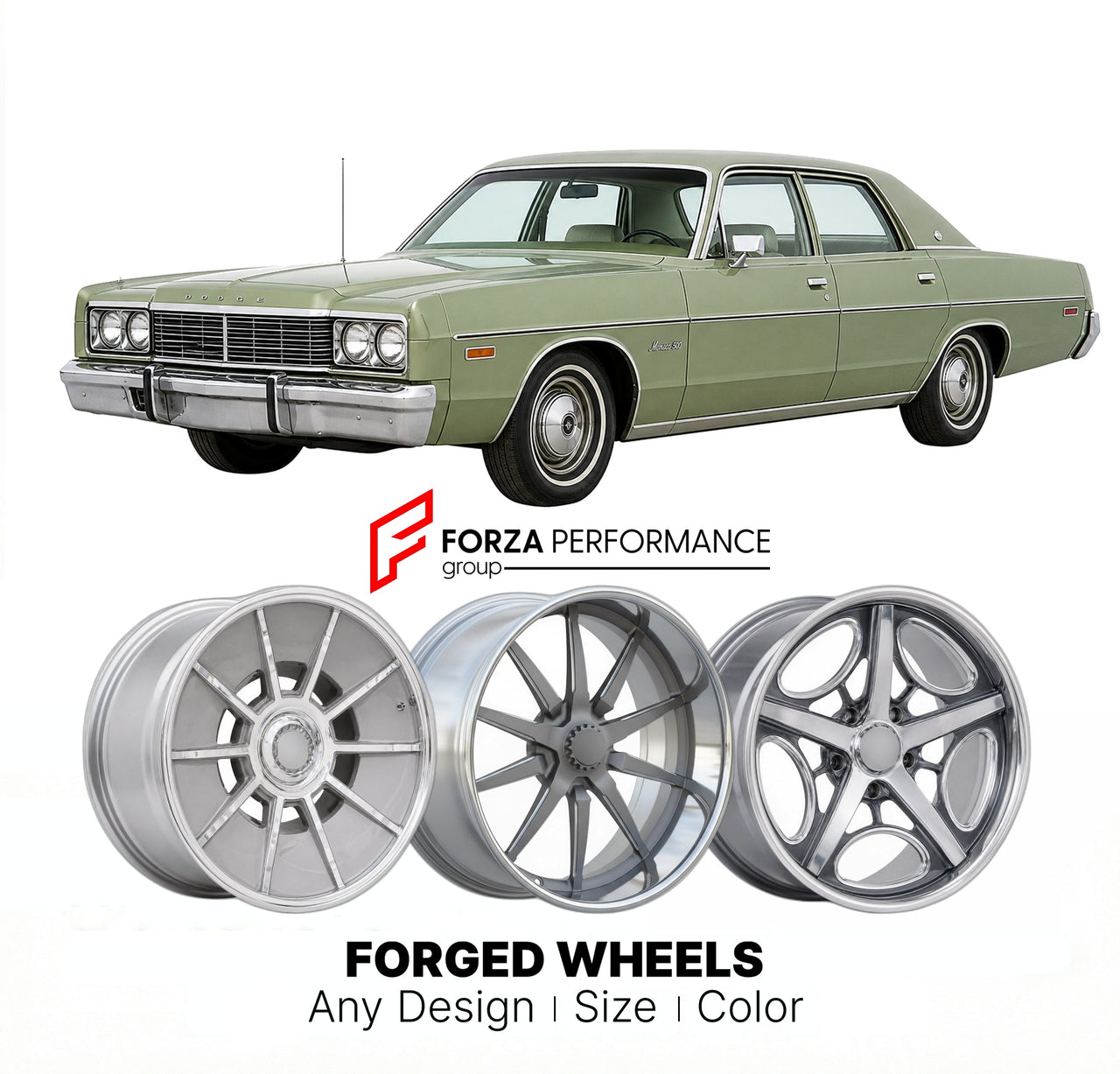 CUSTOM CLASSIC VINTAGE RESTOMOD RETRO OLD SCHOOL FORGED WHEELS RIMS for DODGE MONACO 500 1974 - 1976
Custom forged wheels for classic American muscle cars. Ideal for restomod builds, vintage restorations, and show cars. Deep dish and retro styling available.

We manufacture premium quality forged wheels rims for Dodge Monaco 500 1974 - 1976 in any design, size, color.

THIS WHEEL DESIGN CAN BE CUSTOM-MADE FOR YOUR CAR IN ANY SIZE AND COLOR OPTIONS
Available in monoblock, 2-piece, 3-piece, duoblock, beadlock
