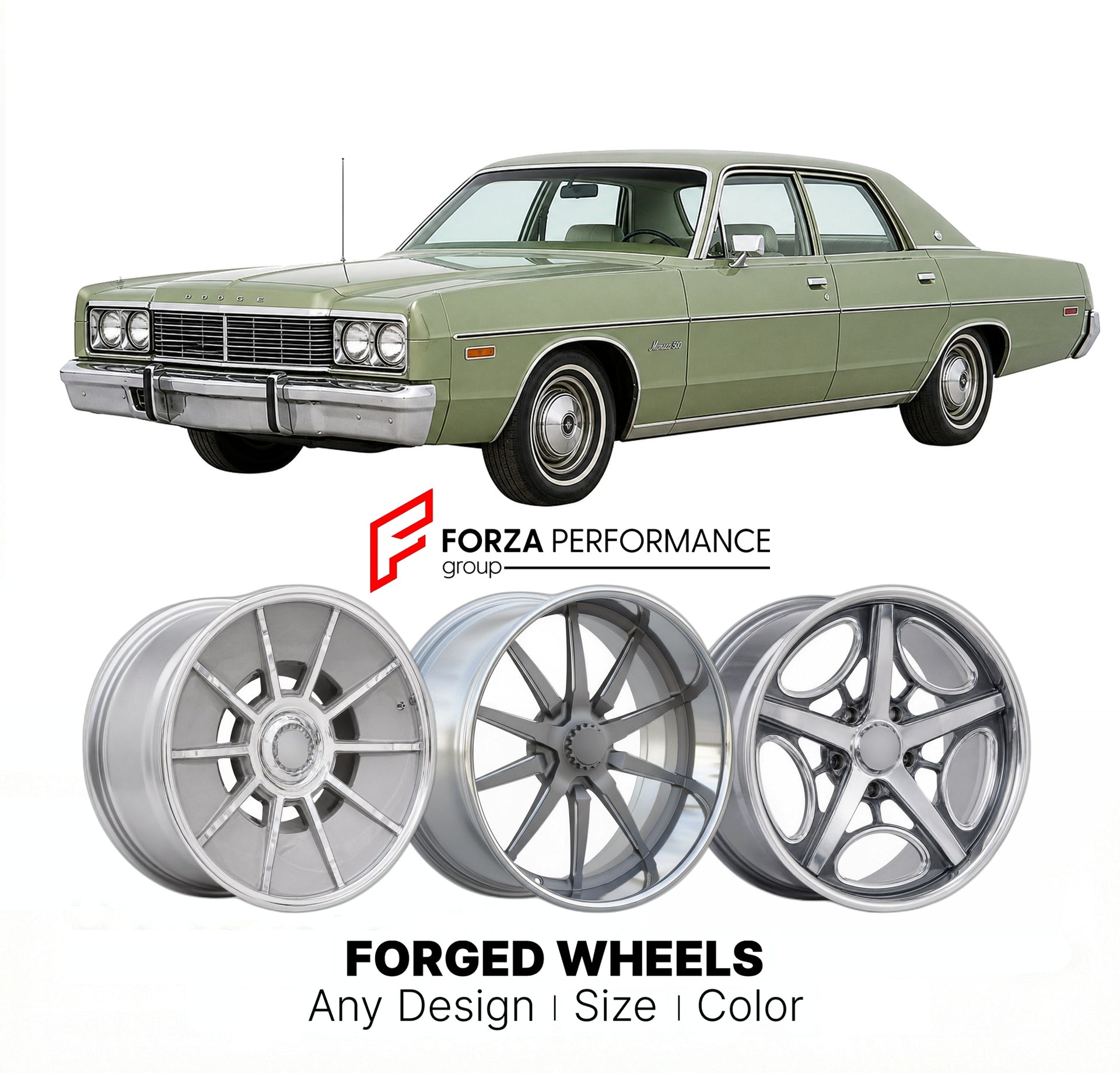 CUSTOM CLASSIC VINTAGE RESTOMOD RETRO OLD SCHOOL FORGED WHEELS RIMS for DODGE MONACO 500 1974 - 1976
Custom forged wheels for classic American muscle cars. Ideal for restomod builds, vintage restorations, and show cars. Deep dish and retro styling available.

We manufacture premium quality forged wheels rims for Dodge Monaco 500 1974 - 1976 in any design, size, color.

THIS WHEEL DESIGN CAN BE CUSTOM-MADE FOR YOUR CAR IN ANY SIZE AND COLOR OPTIONS
Available in monoblock, 2-piece, 3-piece, duoblock, beadlock