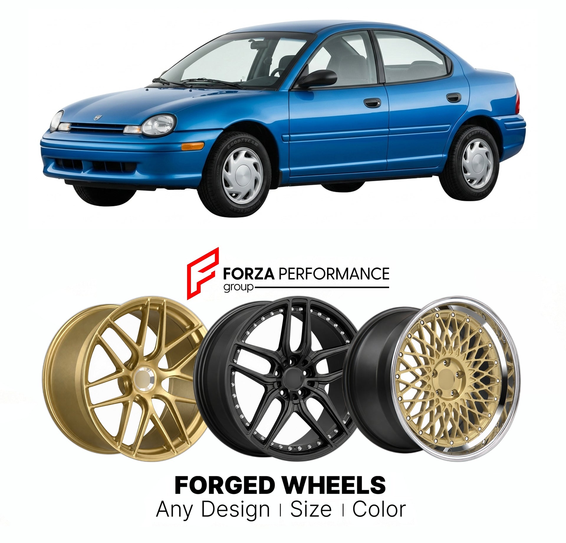 FORGED WHEELS RIMS for DODGE NEON 1995 - 2005

Custom forged wheels for Dodge Neon 1995 - 2005. Made-to-order monoblock, 2-piece and 3-piece rims in custom sizes, offsets, colors and finishes with guaranteed fitment.

We manufacture premium quality forged wheels rims for Dodge Neon 1995 - 2005 in any design, size, color.

THIS WHEEL DESIGN CAN BE CUSTOM-MADE FOR YOUR CAR IN ANY SIZE AND COLOR OPTIONS
Available in monoblock, 2-piece, 3-piece, duoblock, beadlock
3D wheel renderings are provided according to t