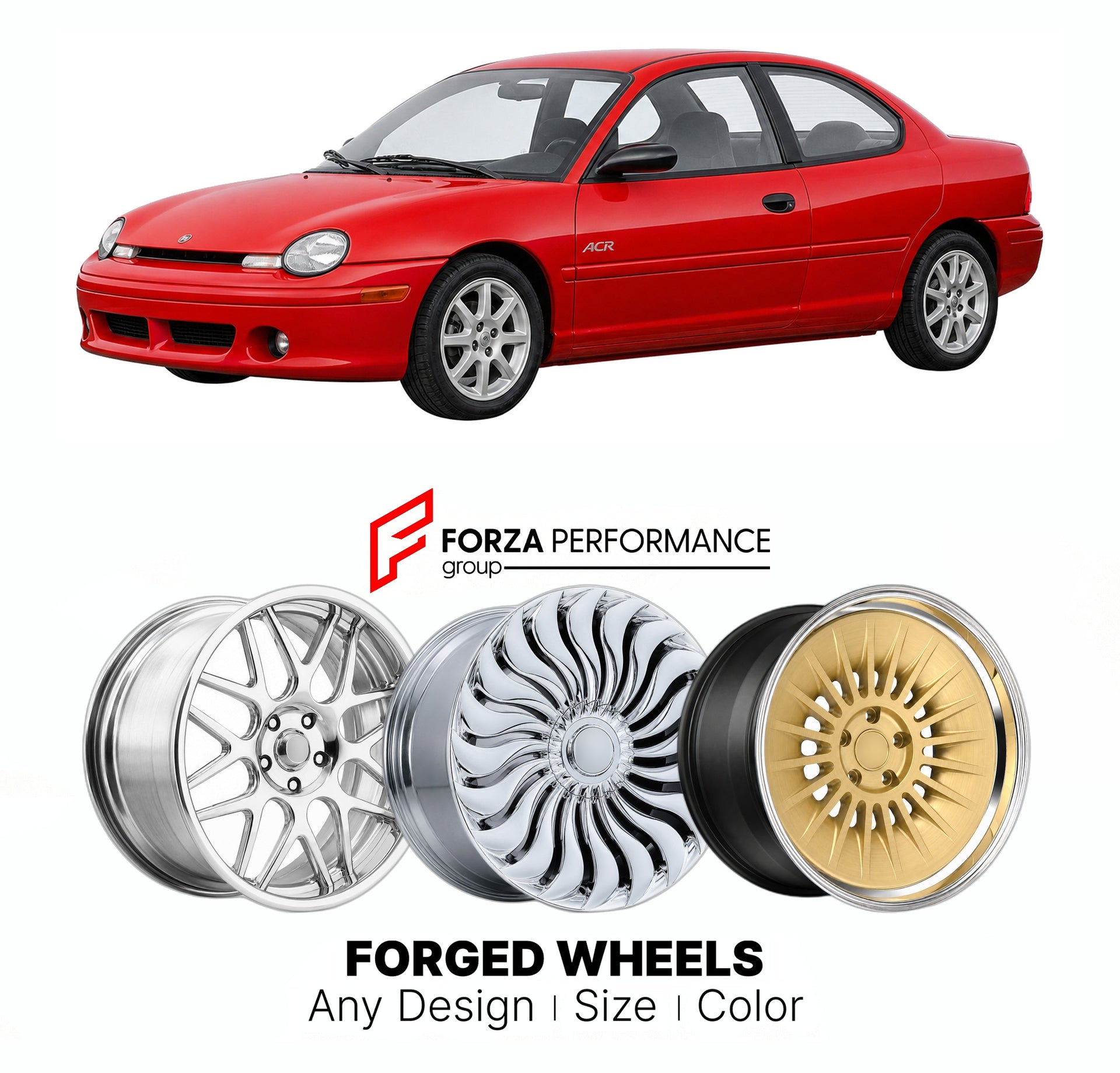 FORGED WHEELS RIMS for DODGE NEON ACR 1995 - 2005

Custom forged wheels for Dodge Neon ACR 1995 - 2005. Made-to-order monoblock, 2-piece and 3-piece rims in custom sizes, offsets, colors and finishes with guaranteed fitment.

We manufacture premium quality forged wheels rims for Dodge Neon ACR 1995 - 2005 in any design, size, color.

THIS WHEEL DESIGN CAN BE CUSTOM-MADE FOR YOUR CAR IN ANY SIZE AND COLOR OPTIONS
Available in monoblock, 2-piece, 3-piece, duoblock, beadlock
3D wheel renderings are provided ac