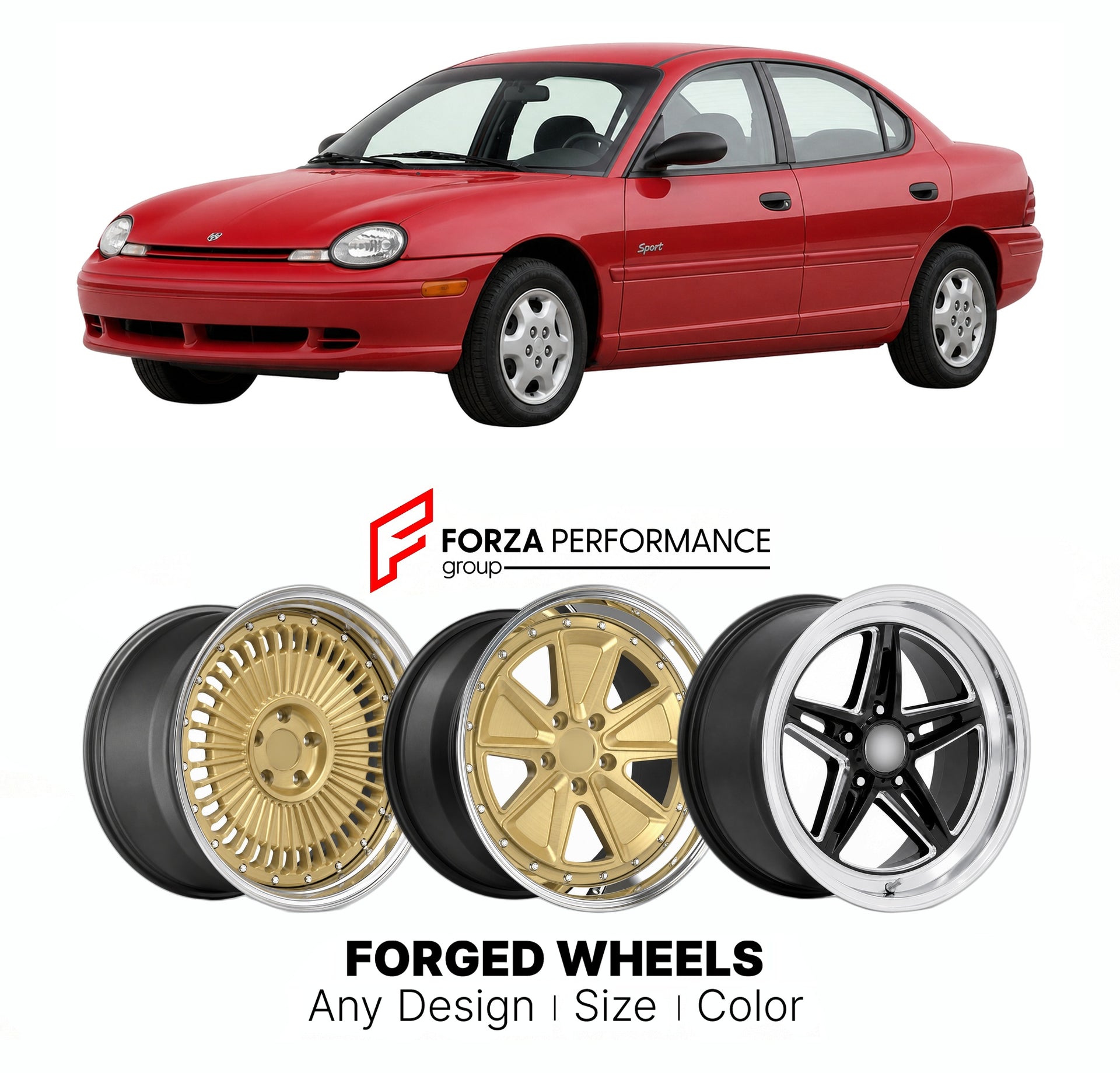 FORGED WHEELS RIMS for DODGE NEON SPORT 1995 - 2005

Custom forged wheels for Dodge Neon Sport 1995 - 2005. Made-to-order monoblock, 2-piece and 3-piece rims in custom sizes, offsets, colors and finishes with guaranteed fitment.

We manufacture premium quality forged wheels rims for Dodge Neon Sport 1995 - 2005 in any design, size, color.

THIS WHEEL DESIGN CAN BE CUSTOM-MADE FOR YOUR CAR IN ANY SIZE AND COLOR OPTIONS
Available in monoblock, 2-piece, 3-piece, duoblock, beadlock
3D wheel renderings are provi