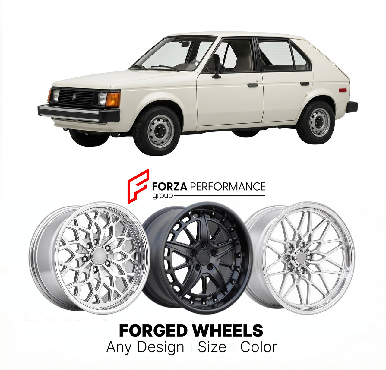 CUSTOM CLASSIC VINTAGE RESTOMOD RETRO OLD SCHOOL FORGED WHEELS RIMS for DODGE OMNI 1978 - 1990
Custom forged wheels for classic American muscle cars. Ideal for restomod builds, vintage restorations, and show cars. Deep dish and retro styling available.

We manufacture premium quality forged wheels rims for Dodge Omni 1978 - 1990 in any design, size, color.

THIS WHEEL DESIGN CAN BE CUSTOM-MADE FOR YOUR CAR IN ANY SIZE AND COLOR OPTIONS
Available in monoblock, 2-piece, 3-piece, duoblock, beadlock
3D wheel re