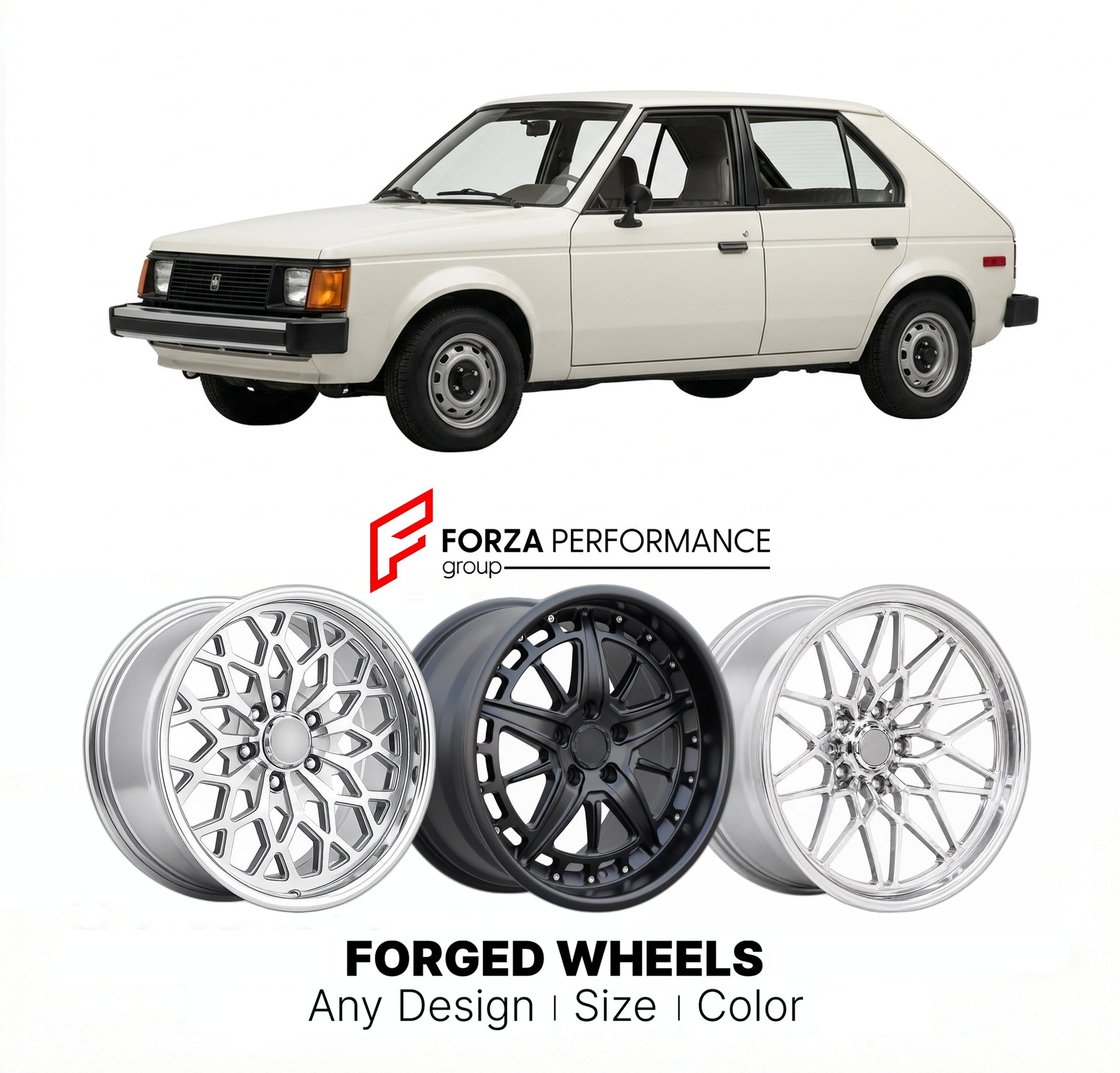 CUSTOM CLASSIC VINTAGE RESTOMOD RETRO OLD SCHOOL FORGED WHEELS RIMS for DODGE OMNI 1978 - 1990
Custom forged wheels for classic American muscle cars. Ideal for restomod builds, vintage restorations, and show cars. Deep dish and retro styling available.

We manufacture premium quality forged wheels rims for Dodge Omni 1978 - 1990 in any design, size, color.

THIS WHEEL DESIGN CAN BE CUSTOM-MADE FOR YOUR CAR IN ANY SIZE AND COLOR OPTIONS
Available in monoblock, 2-piece, 3-piece, duoblock, beadlock
3D wheel re