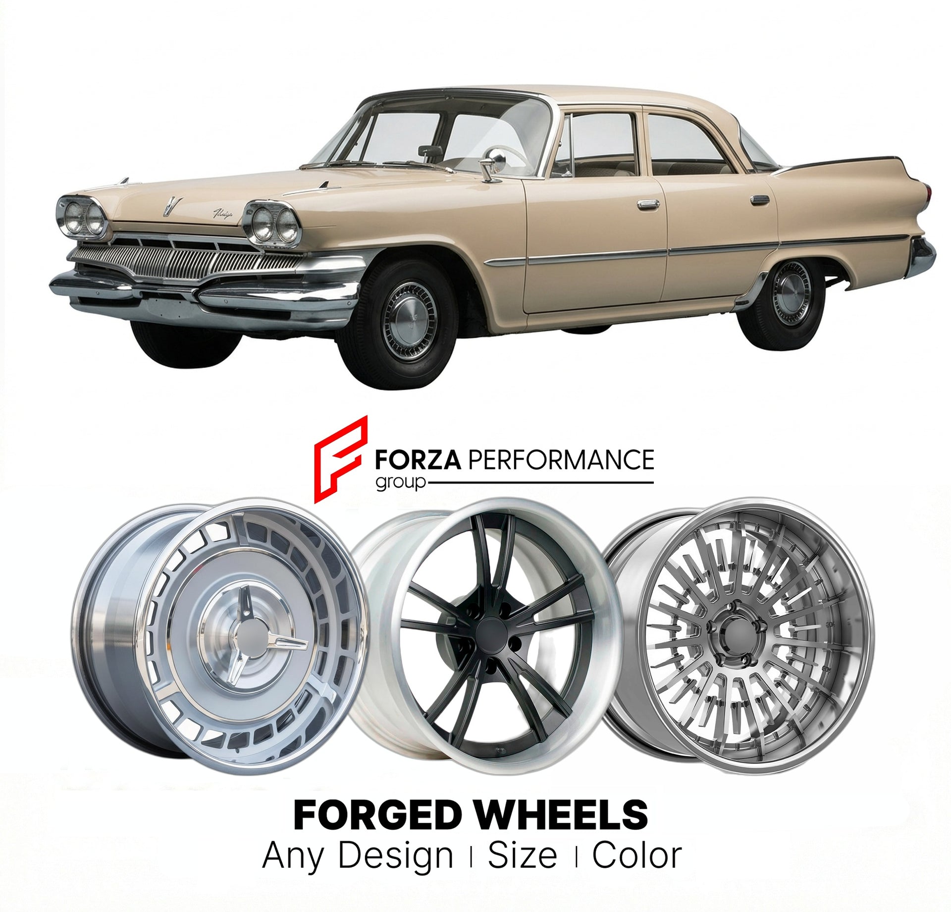 CUSTOM CLASSIC VINTAGE RESTOMOD RETRO OLD SCHOOL FORGED WHEELS RIMS for DODGE PHOENIX 1960 - 1961
Custom forged wheels for classic American muscle cars. Ideal for restomod builds, vintage restorations, and show cars. Deep dish and retro styling available.

We manufacture premium quality forged wheels rims for Dodge Phoenix 1960 - 1961 in any design, size, color.

THIS WHEEL DESIGN CAN BE CUSTOM-MADE FOR YOUR CAR IN ANY SIZE AND COLOR OPTIONS
Available in monoblock, 2-piece, 3-piece, duoblock, beadlock
3D wh