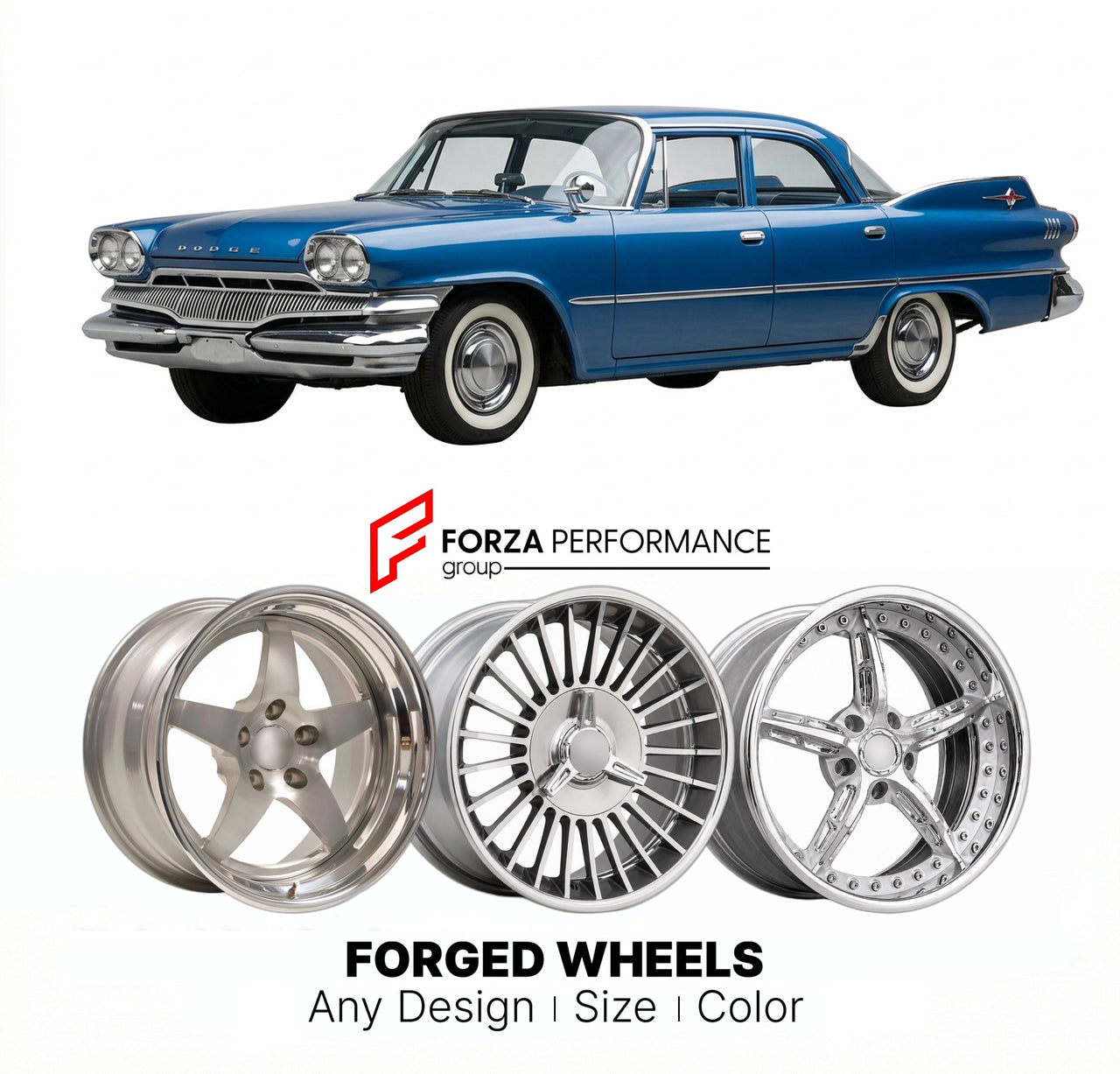 CUSTOM CLASSIC VINTAGE RESTOMOD RETRO OLD SCHOOL FORGED WHEELS RIMS for DODGE POLARA 1960 - 1961
Custom forged wheels for classic American muscle cars. Ideal for restomod builds, vintage restorations, and show cars. Deep dish and retro styling available.

We manufacture premium quality forged wheels rims for Dodge Polara 1960 - 1961 in any design, size, color.

THIS WHEEL DESIGN CAN BE CUSTOM-MADE FOR YOUR CAR IN ANY SIZE AND COLOR OPTIONS
Available in monoblock, 2-piece, 3-piece, duoblock, beadlock
3D whee