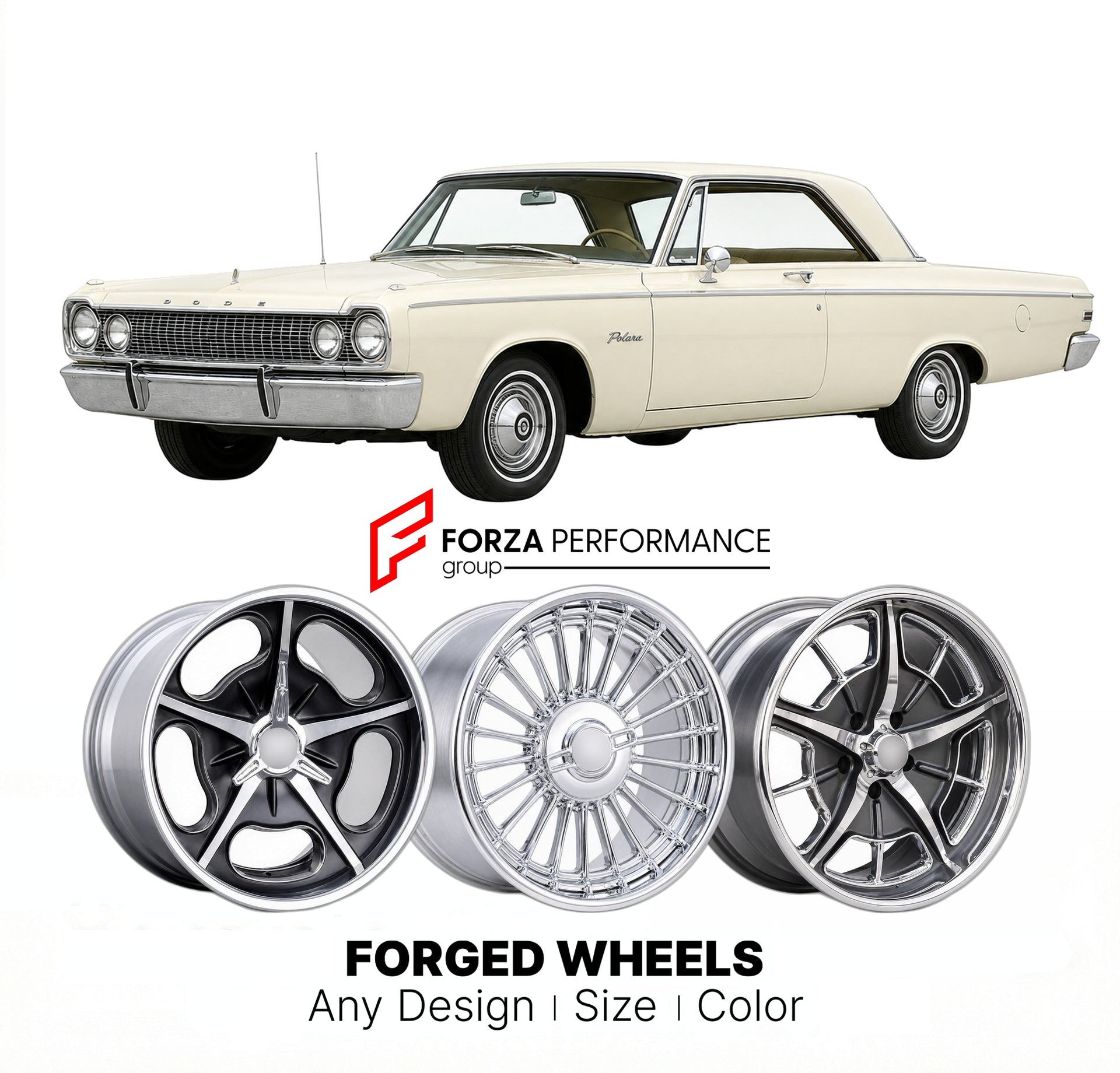 CUSTOM CLASSIC VINTAGE RESTOMOD RETRO OLD SCHOOL FORGED WHEELS RIMS for DODGE POLARA 1962 - 1964
Custom forged wheels for classic American muscle cars. Ideal for restomod builds, vintage restorations, and show cars. Deep dish and retro styling available.

We manufacture premium quality forged wheels rims for Dodge Polara 1962 - 1964 in any design, size, color.

THIS WHEEL DESIGN CAN BE CUSTOM-MADE FOR YOUR CAR IN ANY SIZE AND COLOR OPTIONS
Available in monoblock, 2-piece, 3-piece, duoblock, beadlock
3D whee