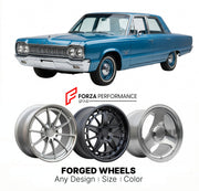 CUSTOM CLASSIC VINTAGE RESTOMOD RETRO OLD SCHOOL FORGED WHEELS RIMS for DODGE POLARA 1965 - 1968
Custom forged wheels for classic American muscle cars. Ideal for restomod builds, vintage restorations, and show cars. Deep dish and retro styling available.

We manufacture premium quality forged wheels rims for Dodge Polara 1965 - 1968 in any design, size, color.

THIS WHEEL DESIGN CAN BE CUSTOM-MADE FOR YOUR CAR IN ANY SIZE AND COLOR OPTIONS
Available in monoblock, 2-piece, 3-piece, duoblock, beadlock
3D whee