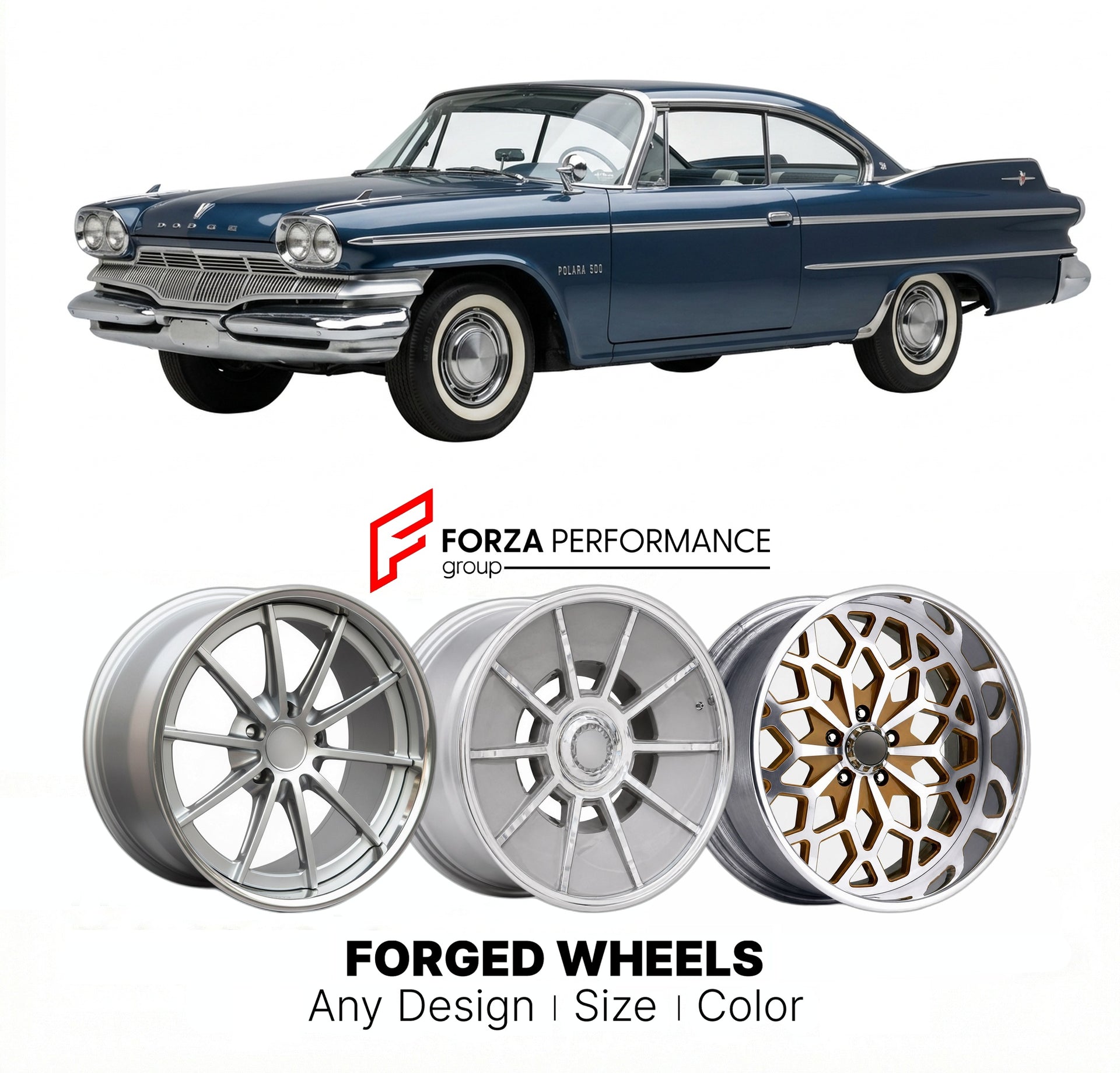 CUSTOM CLASSIC VINTAGE RESTOMOD RETRO OLD SCHOOL FORGED WHEELS RIMS for DODGE POLARA 500 1960 - 1961
Custom forged wheels for classic American muscle cars. Ideal for restomod builds, vintage restorations, and show cars. Deep dish and retro styling available.

We manufacture premium quality forged wheels rims for Dodge Polara 500 1960 - 1961 in any design, size, color.

THIS WHEEL DESIGN CAN BE CUSTOM-MADE FOR YOUR CAR IN ANY SIZE AND COLOR OPTIONS
Available in monoblock, 2-piece, 3-piece, duoblock, beadlock