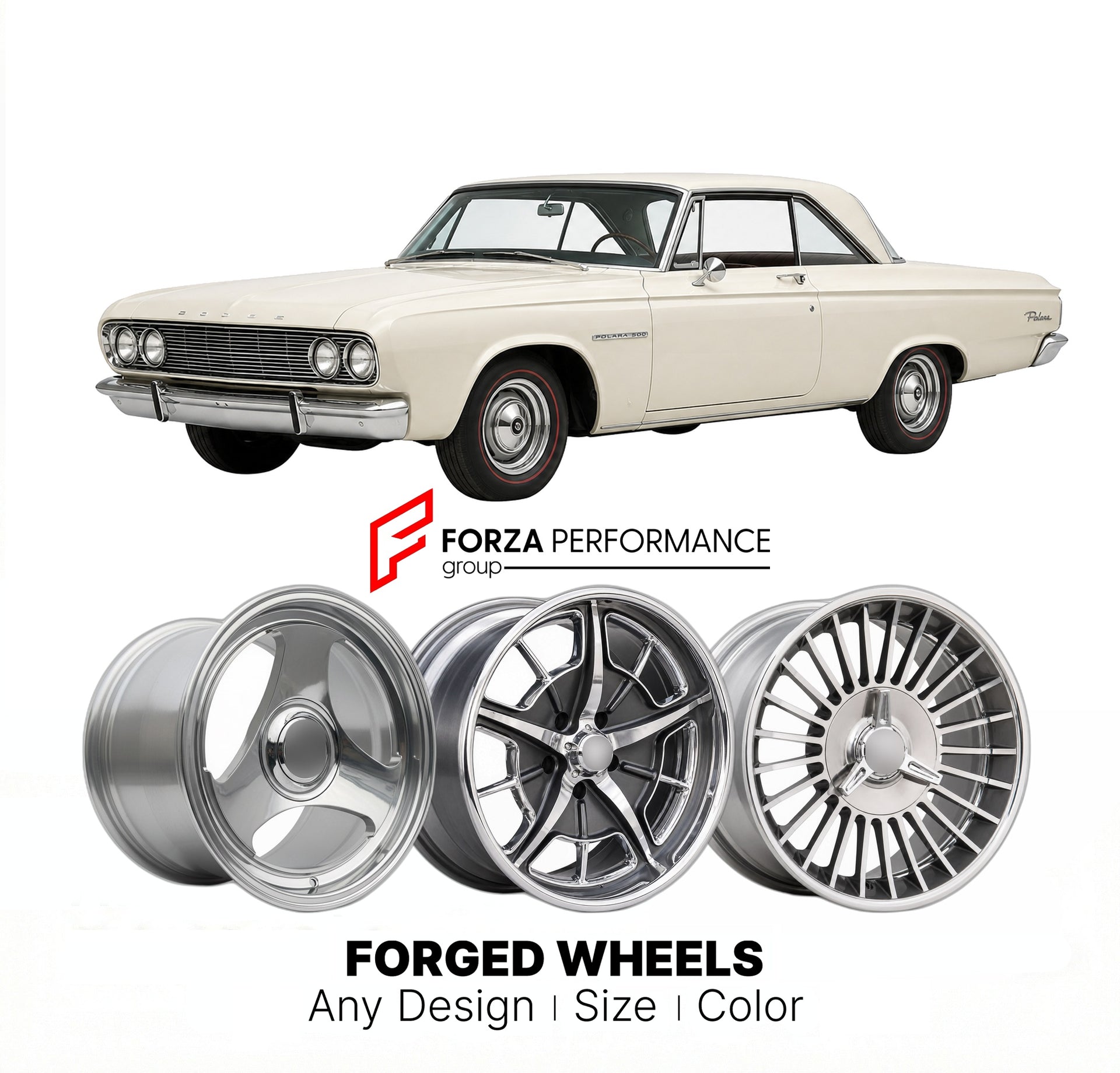 CUSTOM CLASSIC VINTAGE RESTOMOD RETRO OLD SCHOOL FORGED WHEELS RIMS for DODGE POLARA 500 1962 - 1964
Custom forged wheels for classic American muscle cars. Ideal for restomod builds, vintage restorations, and show cars. Deep dish and retro styling available.

We manufacture premium quality forged wheels rims for Dodge Polara 500 1962 - 1964 in any design, size, color.

THIS WHEEL DESIGN CAN BE CUSTOM-MADE FOR YOUR CAR IN ANY SIZE AND COLOR OPTIONS
Available in monoblock, 2-piece, 3-piece, duoblock, beadlock