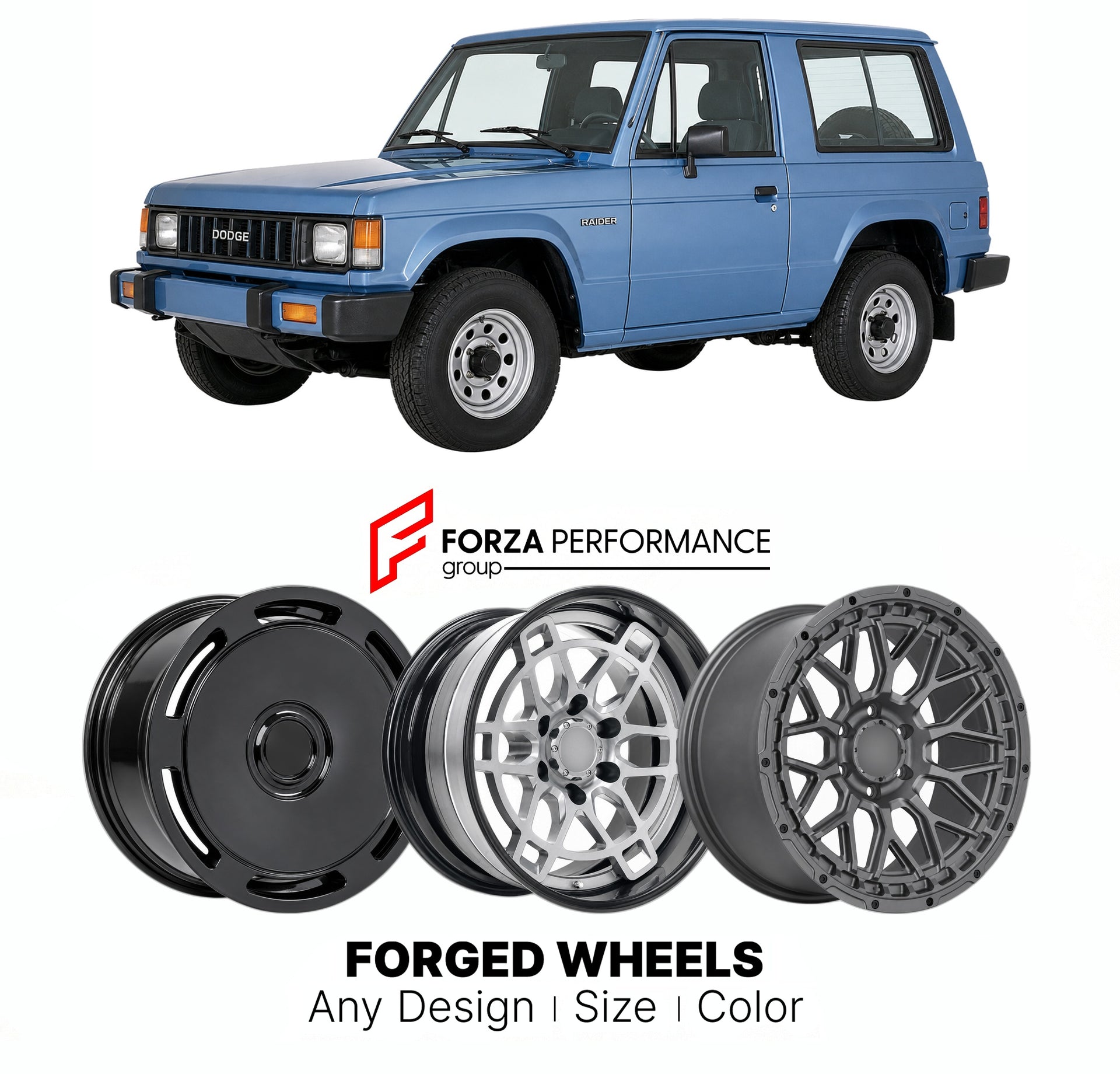 FORGED WHEELS RIMS for DODGE RAIDER 1987 - 1990

Custom forged wheels for Dodge Raider 1987 - 1990. Made-to-order monoblock, 2-piece and 3-piece rims in custom sizes, offsets, colors and finishes with guaranteed fitment.

We manufacture premium quality forged wheels rims for Dodge Raider 1987 - 1990 in any design, size, color.

THIS WHEEL DESIGN CAN BE CUSTOM-MADE FOR YOUR CAR IN ANY SIZE AND COLOR OPTIONS
Available in monoblock, 2-piece, 3-piece, duoblock, beadlock
3D wheel renderings are provided accordin