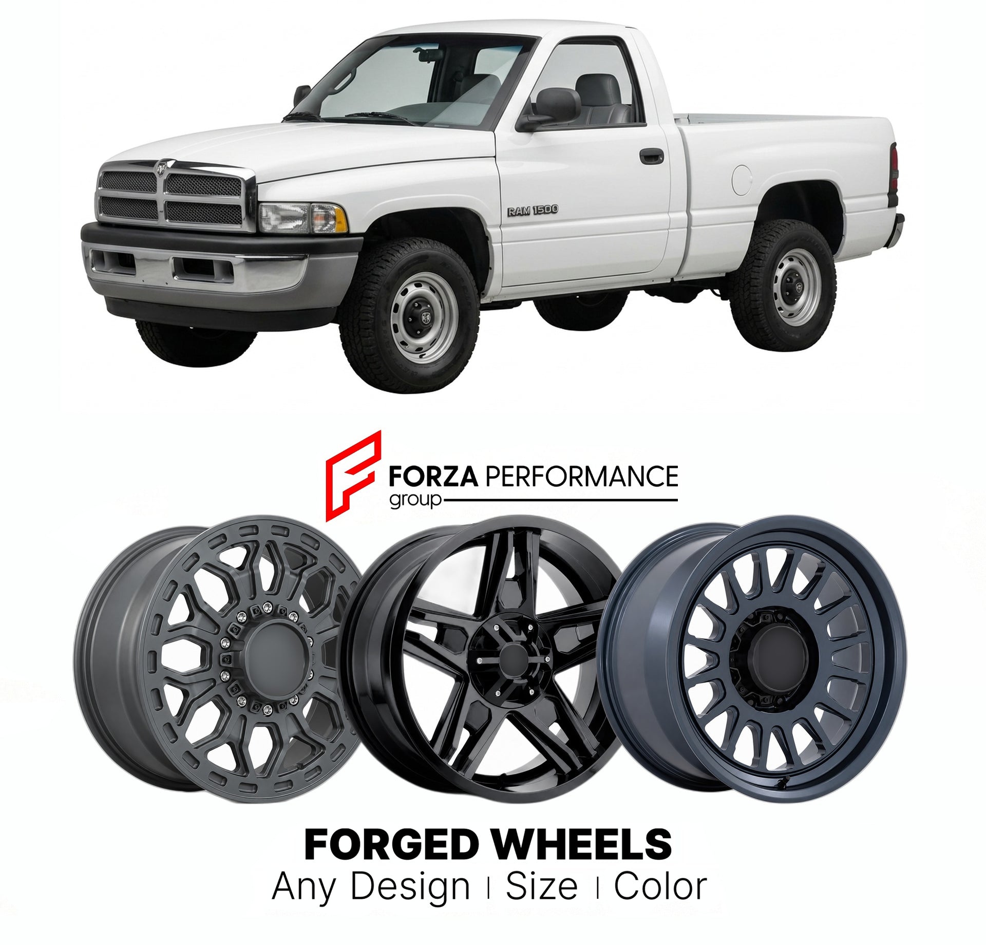FORGED WHEELS RIMS for DODGE RAM 1500 1994 - 2001

Custom forged wheels for Dodge Ram 1500 1994 - 2001. Made-to-order monoblock, 2-piece and 3-piece rims in custom sizes, offsets, colors and finishes with guaranteed fitment.

We manufacture premium quality forged wheels rims for Dodge Ram 1500 1994 - 2001 in any design, size, color.

THIS WHEEL DESIGN CAN BE CUSTOM-MADE FOR YOUR CAR IN ANY SIZE AND COLOR OPTIONS
Available in monoblock, 2-piece, 3-piece, duoblock, beadlock
3D wheel renderings are provided ac