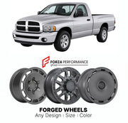 FORGED WHEELS RIMS for DODGE RAM 1500 2002 - 2008

Custom forged wheels for Dodge Ram 1500 2002 - 2008. Made-to-order monoblock, 2-piece and 3-piece rims in custom sizes, offsets, colors and finishes with guaranteed fitment.

We manufacture premium quality forged wheels rims for Dodge Ram 1500 2002 - 2008 in any design, size, color.

THIS WHEEL DESIGN CAN BE CUSTOM-MADE FOR YOUR CAR IN ANY SIZE AND COLOR OPTIONS
Available in monoblock, 2-piece, 3-piece, duoblock, beadlock
3D wheel renderings are provided ac