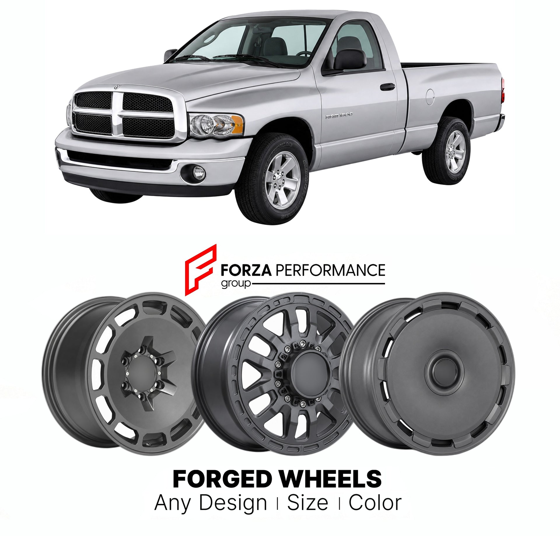 FORGED WHEELS RIMS for DODGE RAM 1500 2002 - 2008

Custom forged wheels for Dodge Ram 1500 2002 - 2008. Made-to-order monoblock, 2-piece and 3-piece rims in custom sizes, offsets, colors and finishes with guaranteed fitment.

We manufacture premium quality forged wheels rims for Dodge Ram 1500 2002 - 2008 in any design, size, color.

THIS WHEEL DESIGN CAN BE CUSTOM-MADE FOR YOUR CAR IN ANY SIZE AND COLOR OPTIONS
Available in monoblock, 2-piece, 3-piece, duoblock, beadlock
3D wheel renderings are provided ac