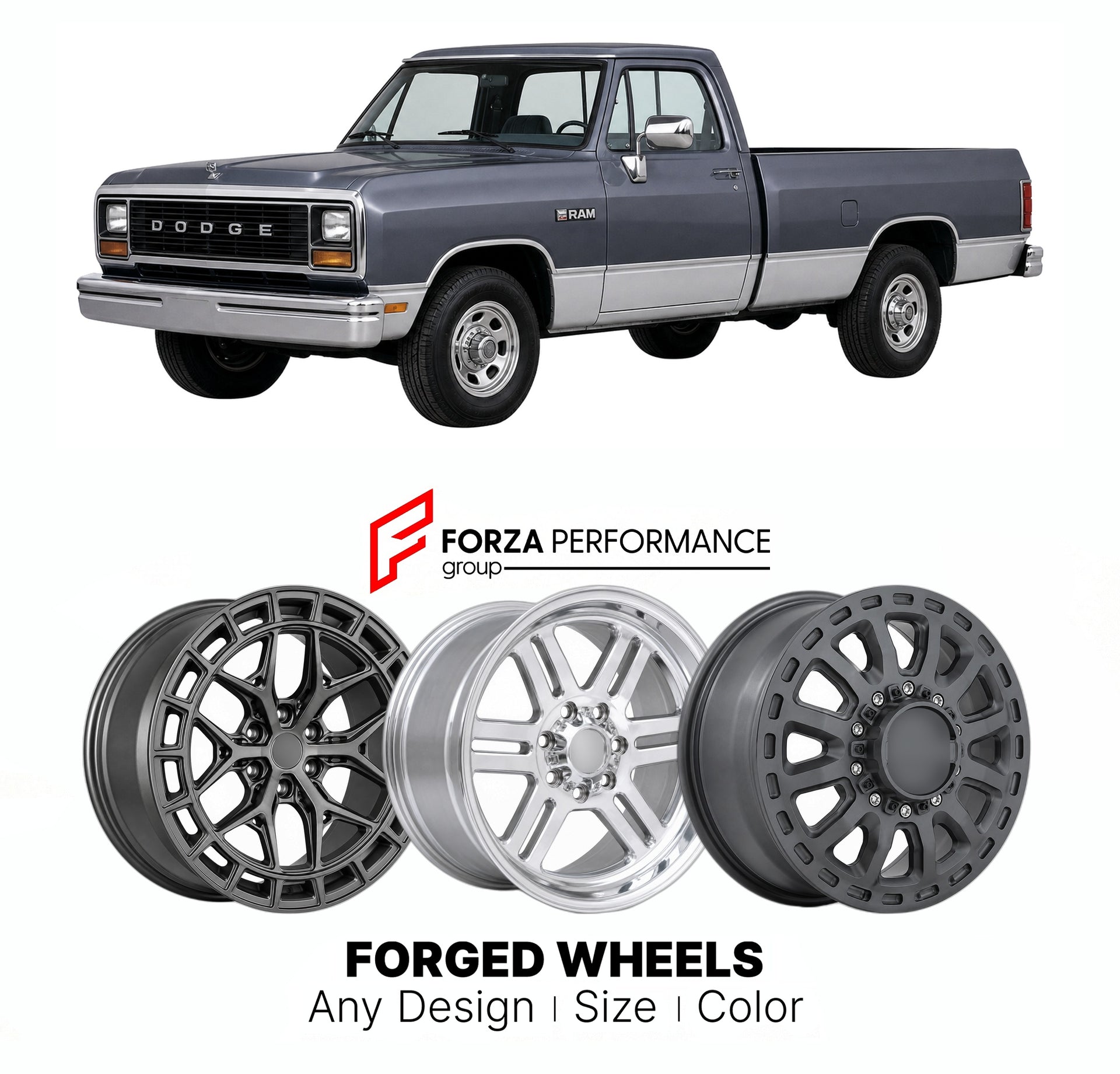 FORGED WHEELS RIMS for DODGE RAM 1990 - 1993

Custom forged wheels for Dodge Ram 1990 - 1993. Made-to-order monoblock, 2-piece and 3-piece rims in custom sizes, offsets, colors and finishes with guaranteed fitment.

We manufacture premium quality forged wheels rims for Dodge Ram 1990 - 1993 in any design, size, color.

THIS WHEEL DESIGN CAN BE CUSTOM-MADE FOR YOUR CAR IN ANY SIZE AND COLOR OPTIONS
Available in monoblock, 2-piece, 3-piece, duoblock, beadlock
3D wheel renderings are provided according to the 
