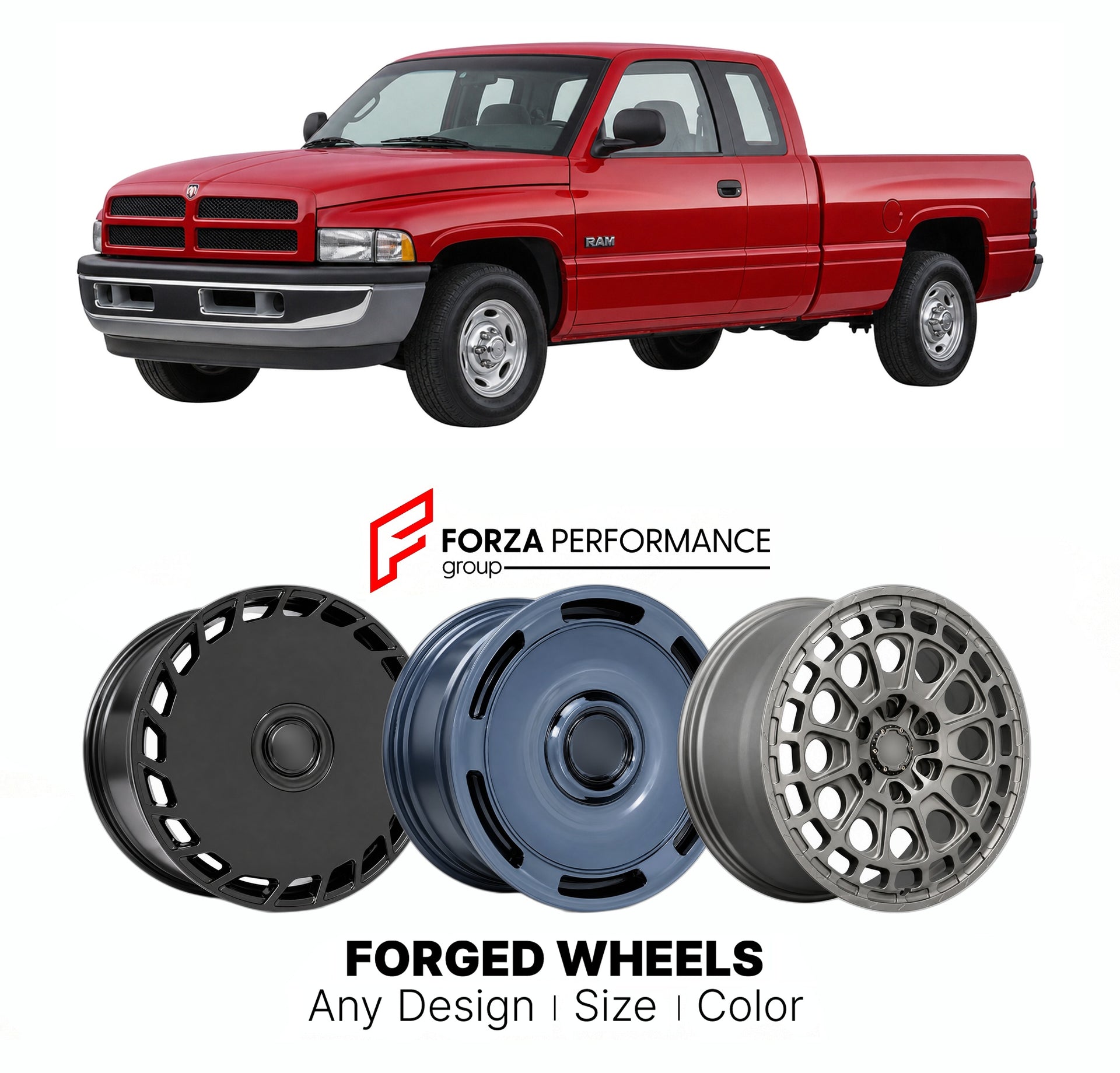 FORGED WHEELS RIMS for DODGE RAM 1994 - 2001

Custom forged wheels for Dodge Ram 1994 - 2001. Made-to-order monoblock, 2-piece and 3-piece rims in custom sizes, offsets, colors and finishes with guaranteed fitment.

We manufacture premium quality forged wheels rims for Dodge Ram 1994 - 2001 in any design, size, color.

THIS WHEEL DESIGN CAN BE CUSTOM-MADE FOR YOUR CAR IN ANY SIZE AND COLOR OPTIONS
Available in monoblock, 2-piece, 3-piece, duoblock, beadlock
3D wheel renderings are provided according to the 