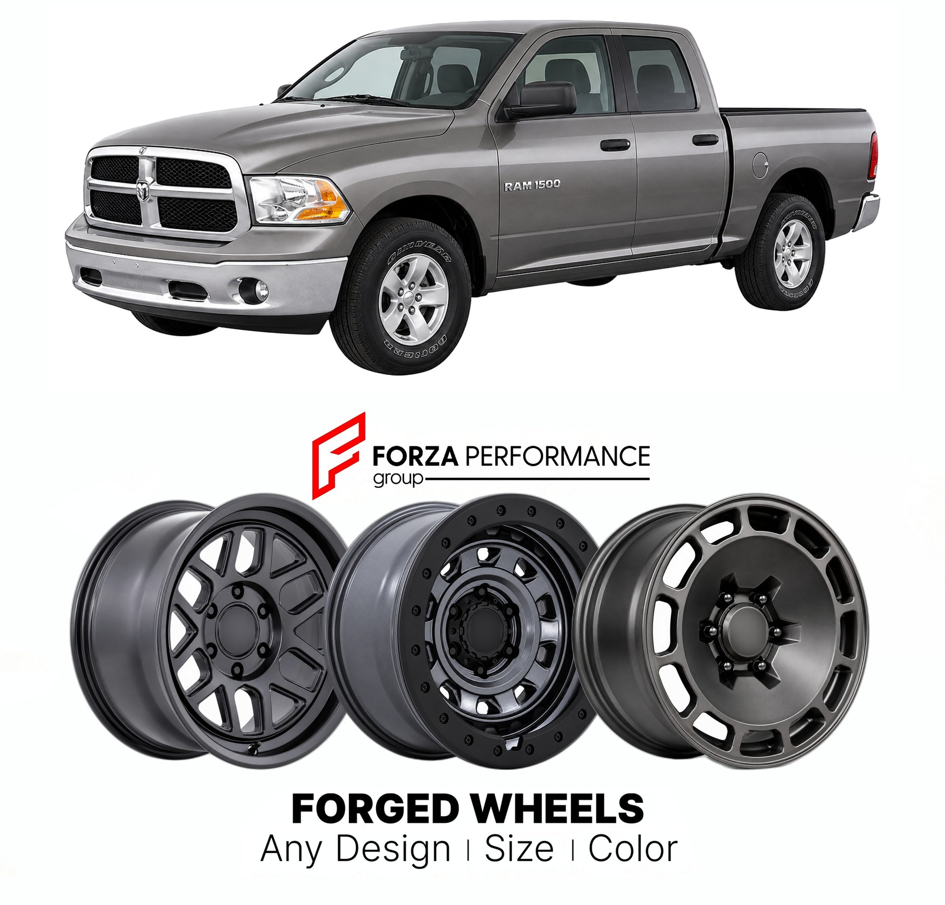 FORGED WHEELS RIMS for DODGE RAM 2002 - 2008

Custom forged wheels for Dodge Ram 2002 - 2008. Made-to-order monoblock, 2-piece and 3-piece rims in custom sizes, offsets, colors and finishes with guaranteed fitment.

We manufacture premium quality forged wheels rims for Dodge Ram 2002 - 2008 in any design, size, color.

THIS WHEEL DESIGN CAN BE CUSTOM-MADE FOR YOUR CAR IN ANY SIZE AND COLOR OPTIONS
Available in monoblock, 2-piece, 3-piece, duoblock, beadlock
3D wheel renderings are provided according to the 