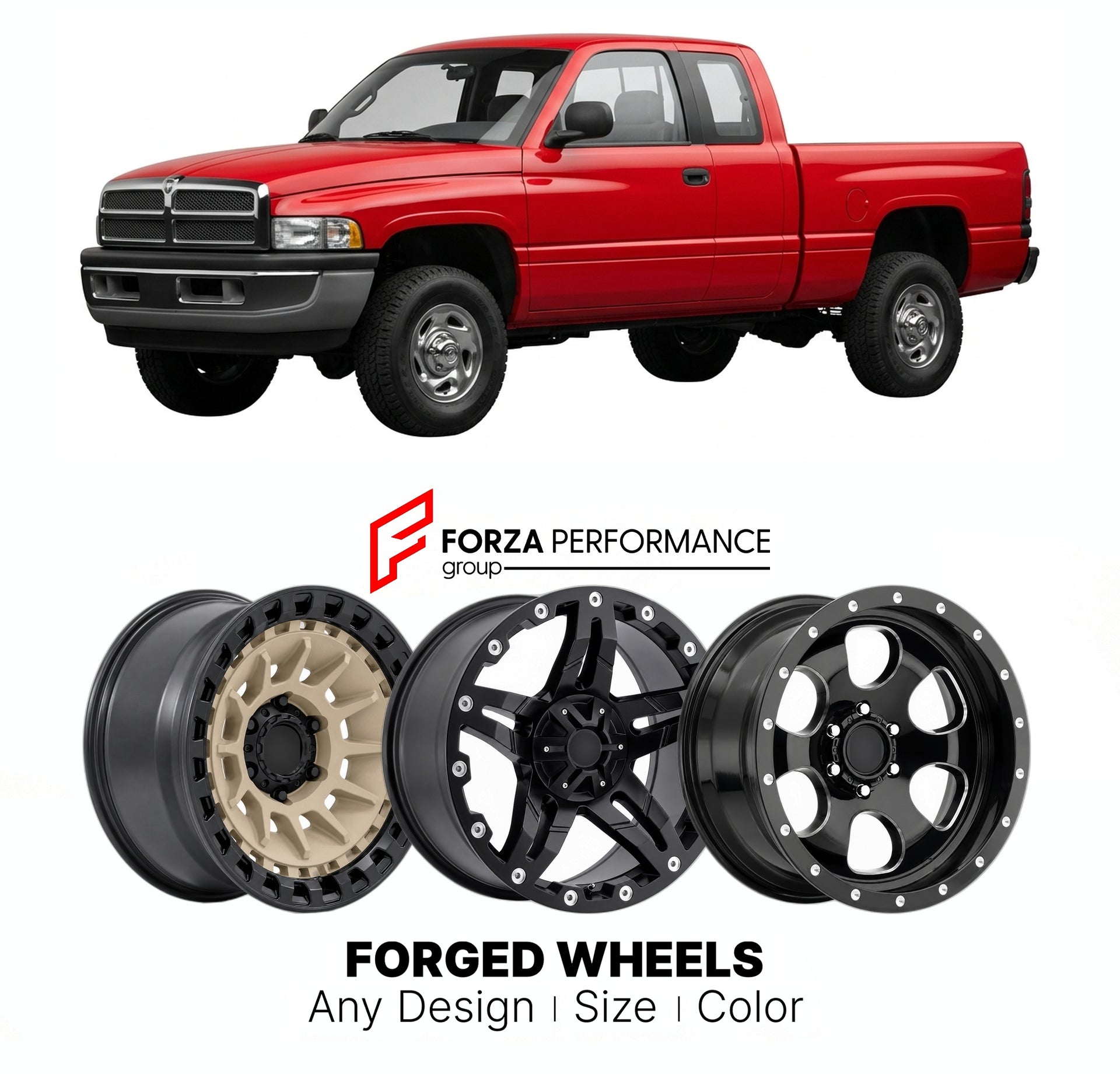 FORGED WHEELS RIMS for DODGE RAM 2500 1994 - 2009

Custom forged wheels for Dodge Ram 2500 1994 - 2009. Made-to-order monoblock, 2-piece and 3-piece rims in custom sizes, offsets, colors and finishes with guaranteed fitment.

We manufacture premium quality forged wheels rims for Dodge Ram 2500 1994 - 2009 in any design, size, color.

THIS WHEEL DESIGN CAN BE CUSTOM-MADE FOR YOUR CAR IN ANY SIZE AND COLOR OPTIONS
Available in monoblock, 2-piece, 3-piece, duoblock, beadlock
3D wheel renderings are provided ac