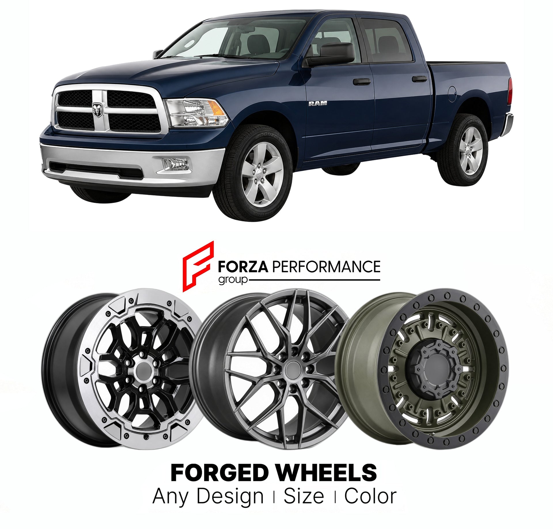 FORGED WHEELS RIMS for DODGE RAM DODGE-BADGED 2009 - 2010

Custom forged wheels for Dodge Ram Dodge-Badged 2009 - 2010. Made-to-order monoblock, 2-piece and 3-piece rims in custom sizes, offsets, colors and finishes with guaranteed fitment.

We manufacture premium quality forged wheels rims for Dodge Ram Dodge-Badged 2009 - 2010 in any design, size, color.

THIS WHEEL DESIGN CAN BE CUSTOM-MADE FOR YOUR CAR IN ANY SIZE AND COLOR OPTIONS
Available in monoblock, 2-piece, 3-piece, duoblock, beadlock
3D wheel re
