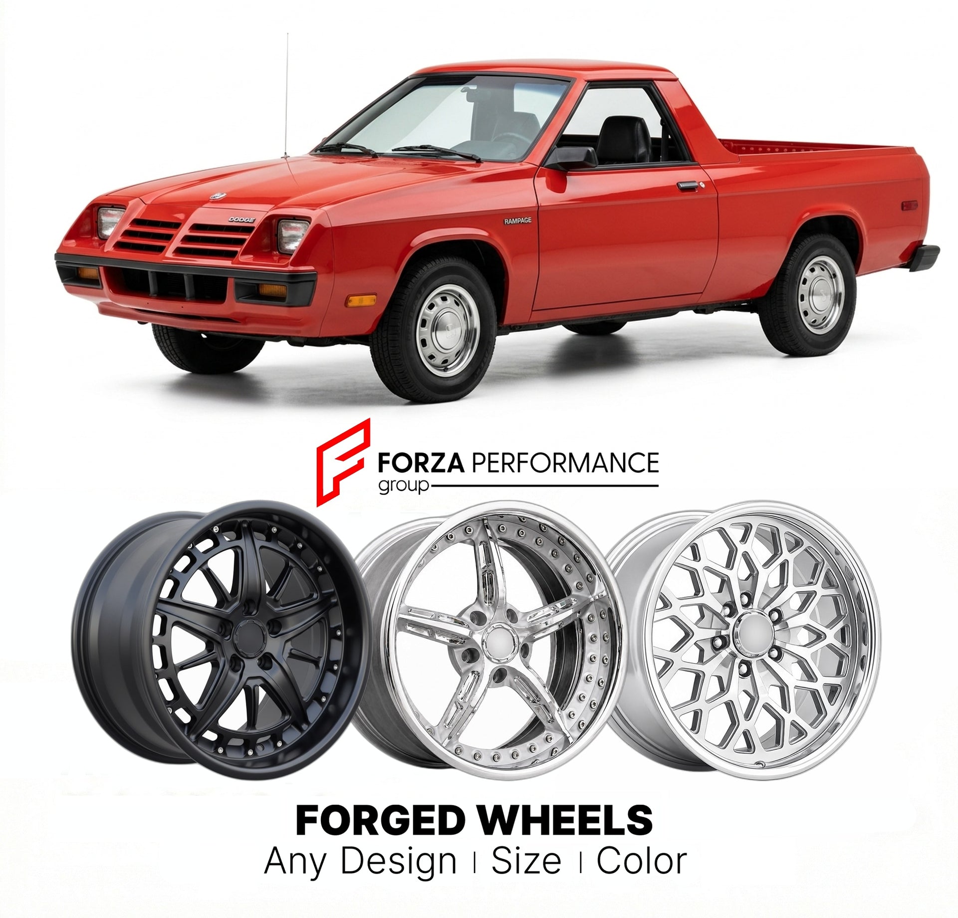 CUSTOM CLASSIC VINTAGE RESTOMOD RETRO OLD SCHOOL FORGED WHEELS RIMS for DODGE RAMPAGE 1982 - 1984
Custom forged wheels for classic American muscle cars. Ideal for restomod builds, vintage restorations, and show cars. Deep dish and retro styling available.

We manufacture premium quality forged wheels rims for Dodge Rampage 1982 - 1984 in any design, size, color.

THIS WHEEL DESIGN CAN BE CUSTOM-MADE FOR YOUR CAR IN ANY SIZE AND COLOR OPTIONS
Available in monoblock, 2-piece, 3-piece, duoblock, beadlock
3D wh