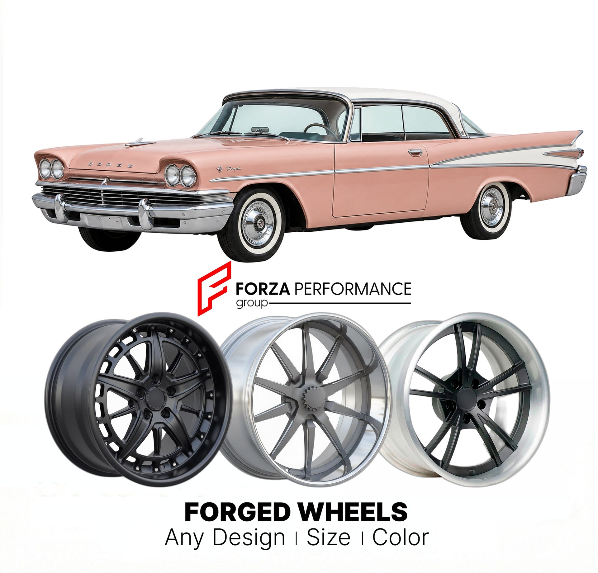 CUSTOM CLASSIC VINTAGE RESTOMOD RETRO OLD SCHOOL FORGED WHEELS RIMS for DODGE ROYAL 1958 - 1959
Custom forged wheels for classic American muscle cars. Ideal for restomod builds, vintage restorations, and show cars. Deep dish and retro styling available.

We manufacture premium quality forged wheels rims for Dodge Royal 1958 - 1959 in any design, size, color.

THIS WHEEL DESIGN CAN BE CUSTOM-MADE FOR YOUR CAR IN ANY SIZE AND COLOR OPTIONS
Available in monoblock, 2-piece, 3-piece, duoblock, beadlock
3D wheel 