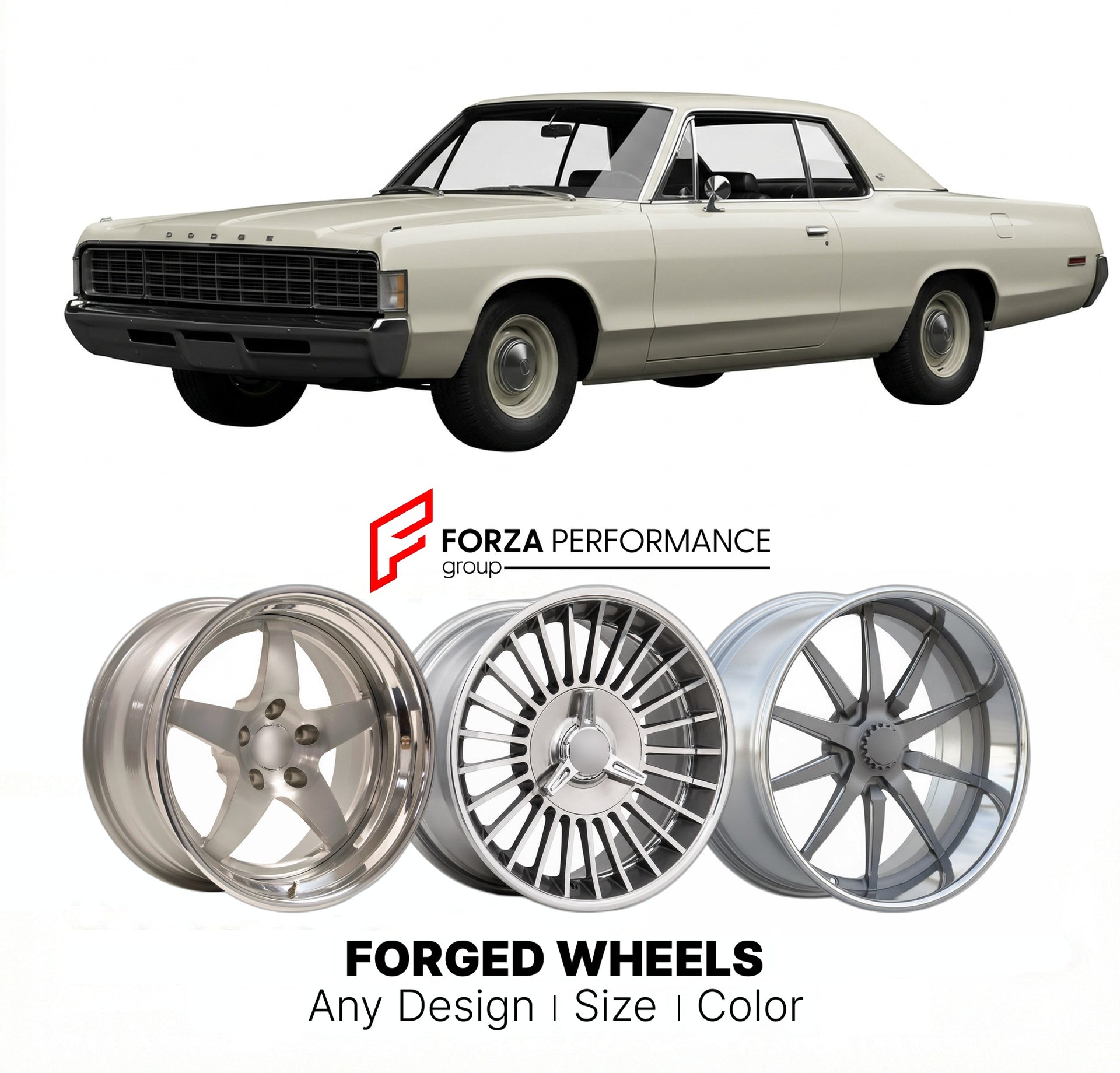 CUSTOM CLASSIC VINTAGE RESTOMOD RETRO OLD SCHOOL FORGED WHEELS RIMS for DODGE ROYAL MONACO 1965 - 1968
Custom forged wheels for classic American muscle cars. Ideal for restomod builds, vintage restorations, and show cars. Deep dish and retro styling available.

We manufacture premium quality forged wheels rims for Dodge Royal Monaco 1965 - 1968 in any design, size, color.

THIS WHEEL DESIGN CAN BE CUSTOM-MADE FOR YOUR CAR IN ANY SIZE AND COLOR OPTIONS
Available in monoblock, 2-piece, 3-piece, duoblock, bead