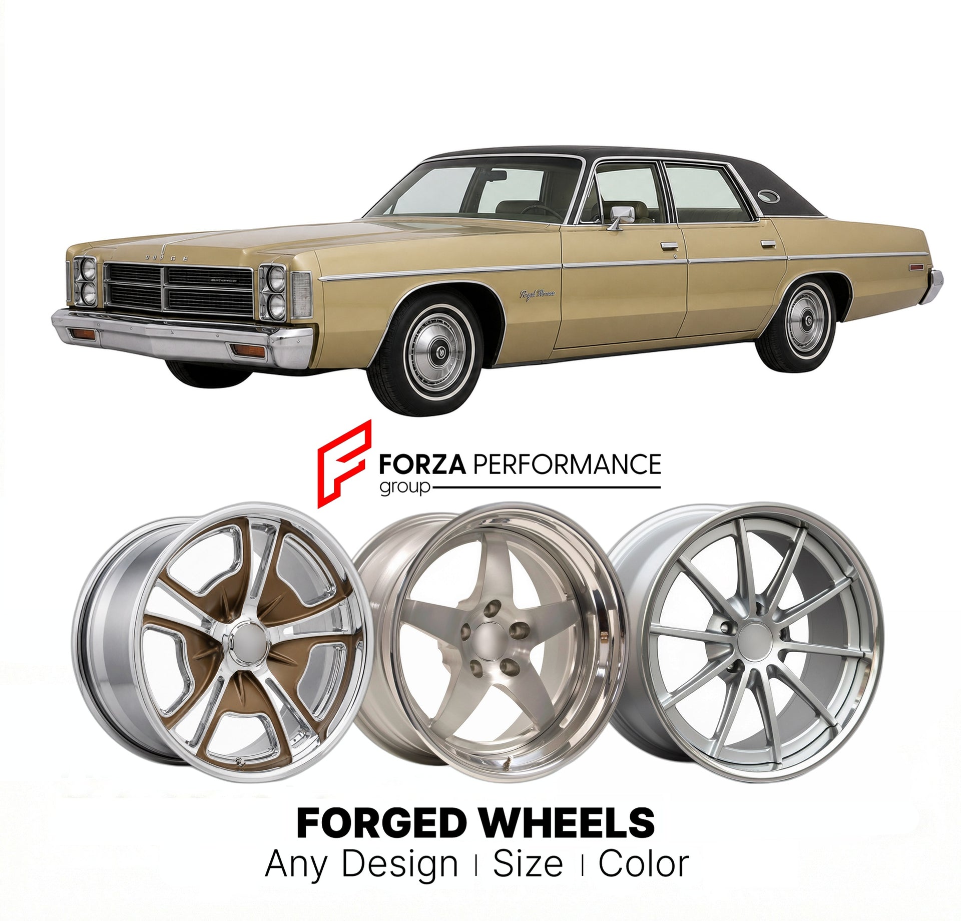 CUSTOM CLASSIC VINTAGE RESTOMOD RETRO OLD SCHOOL FORGED WHEELS RIMS for DODGE ROYAL MONACO 1977 - 1978
Custom forged wheels for classic American muscle cars. Ideal for restomod builds, vintage restorations, and show cars. Deep dish and retro styling available.

We manufacture premium quality forged wheels rims for Dodge Royal Monaco 1977 - 1978 in any design, size, color.

THIS WHEEL DESIGN CAN BE CUSTOM-MADE FOR YOUR CAR IN ANY SIZE AND COLOR OPTIONS
Available in monoblock, 2-piece, 3-piece, duoblock, bead