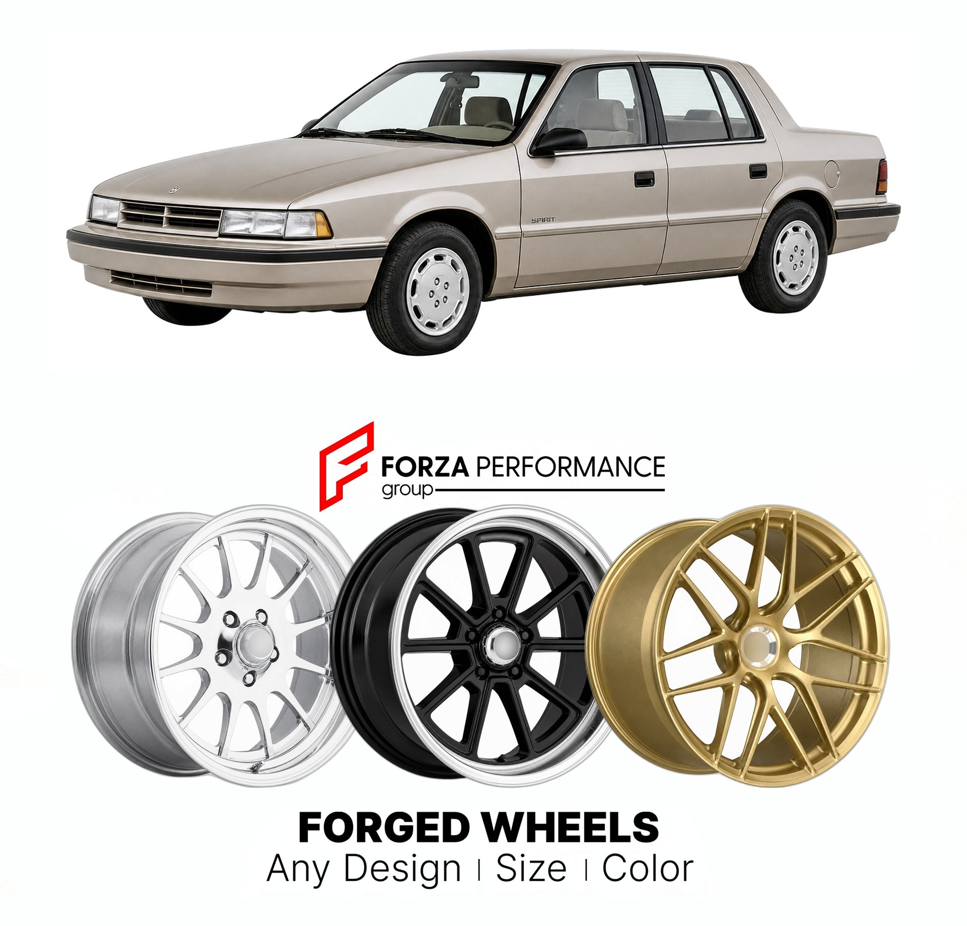 FORGED WHEELS RIMS for DODGE SPIRIT BASE AA-BODY 1990 - 1995

Custom forged wheels for Dodge Spirit Base AA-Body 1990 - 1995. Made-to-order monoblock, 2-piece and 3-piece rims in custom sizes, offsets, colors and finishes with guaranteed fitment.

We manufacture premium quality forged wheels rims for Dodge Spirit Base AA-Body 1990 - 1995 in any design, size, color.

THIS WHEEL DESIGN CAN BE CUSTOM-MADE FOR YOUR CAR IN ANY SIZE AND COLOR OPTIONS
Available in monoblock, 2-piece, 3-piece, duoblock, beadlock
3D