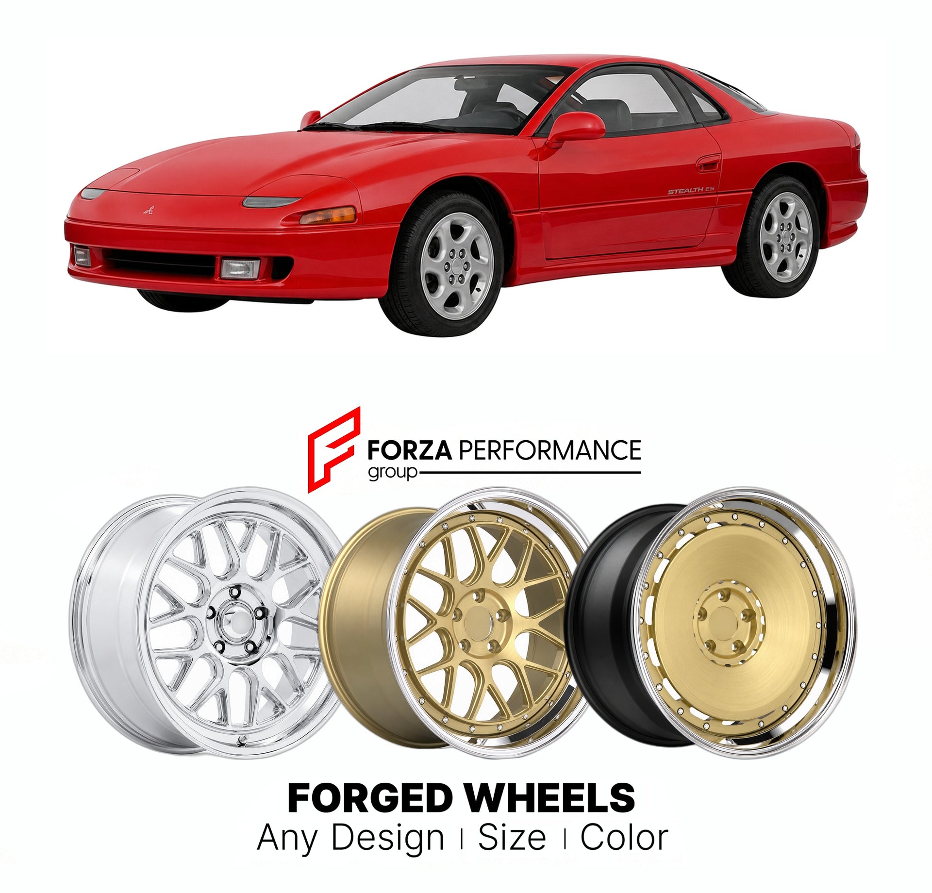 FORGED WHEELS RIMS for DODGE STEALTH ES 1991 - 1996

Custom forged wheels for Dodge Stealth ES 1991 - 1996. Made-to-order monoblock, 2-piece and 3-piece rims in custom sizes, offsets, colors and finishes with guaranteed fitment.

We manufacture premium quality forged wheels rims for Dodge Stealth ES 1991 - 1996 in any design, size, color.

THIS WHEEL DESIGN CAN BE CUSTOM-MADE FOR YOUR CAR IN ANY SIZE AND COLOR OPTIONS
Available in monoblock, 2-piece, 3-piece, duoblock, beadlock
3D wheel renderings are provi
