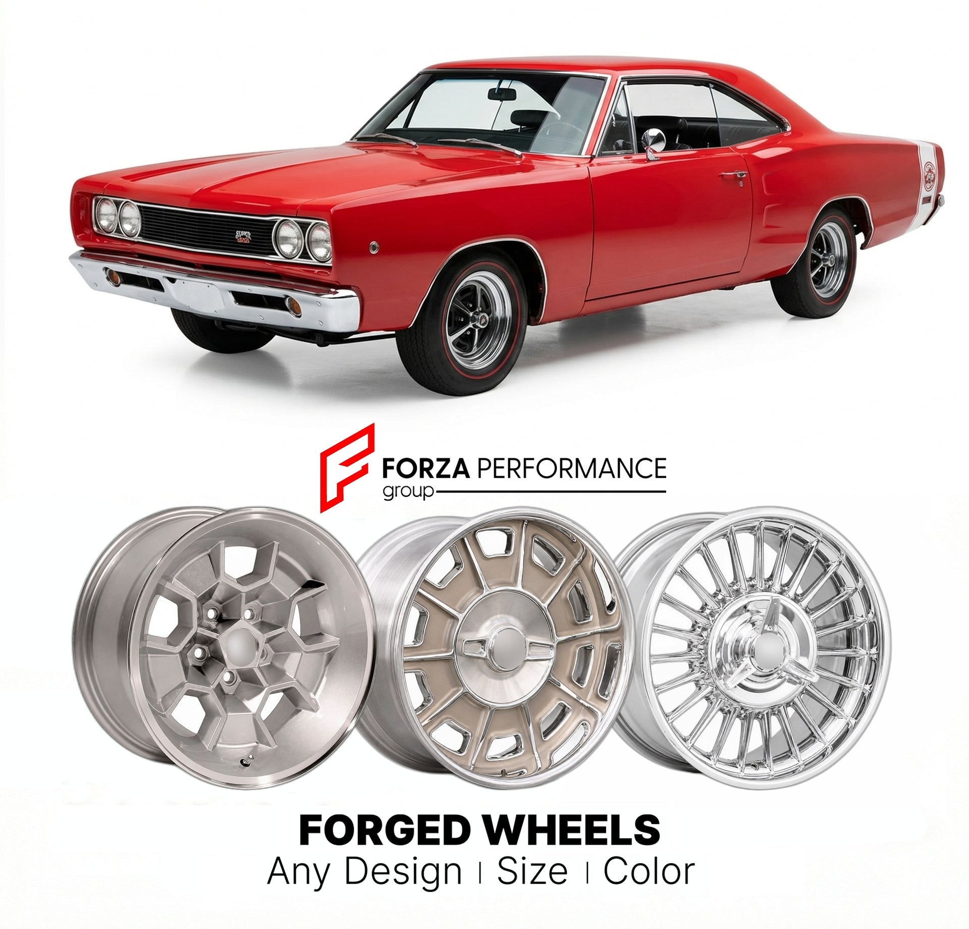 CUSTOM CLASSIC VINTAGE RESTOMOD RETRO OLD SCHOOL FORGED WHEELS RIMS for DODGE SUPER BEE 1968 - 1970
Custom forged wheels for classic American muscle cars. Ideal for restomod builds, vintage restorations, and show cars. Deep dish and retro styling available.

We manufacture premium quality forged wheels rims for Dodge Super Bee 1968 - 1970 in any design, size, color.

THIS WHEEL DESIGN CAN BE CUSTOM-MADE FOR YOUR CAR IN ANY SIZE AND COLOR OPTIONS
Available in monoblock, 2-piece, 3-piece, duoblock, beadlock
3