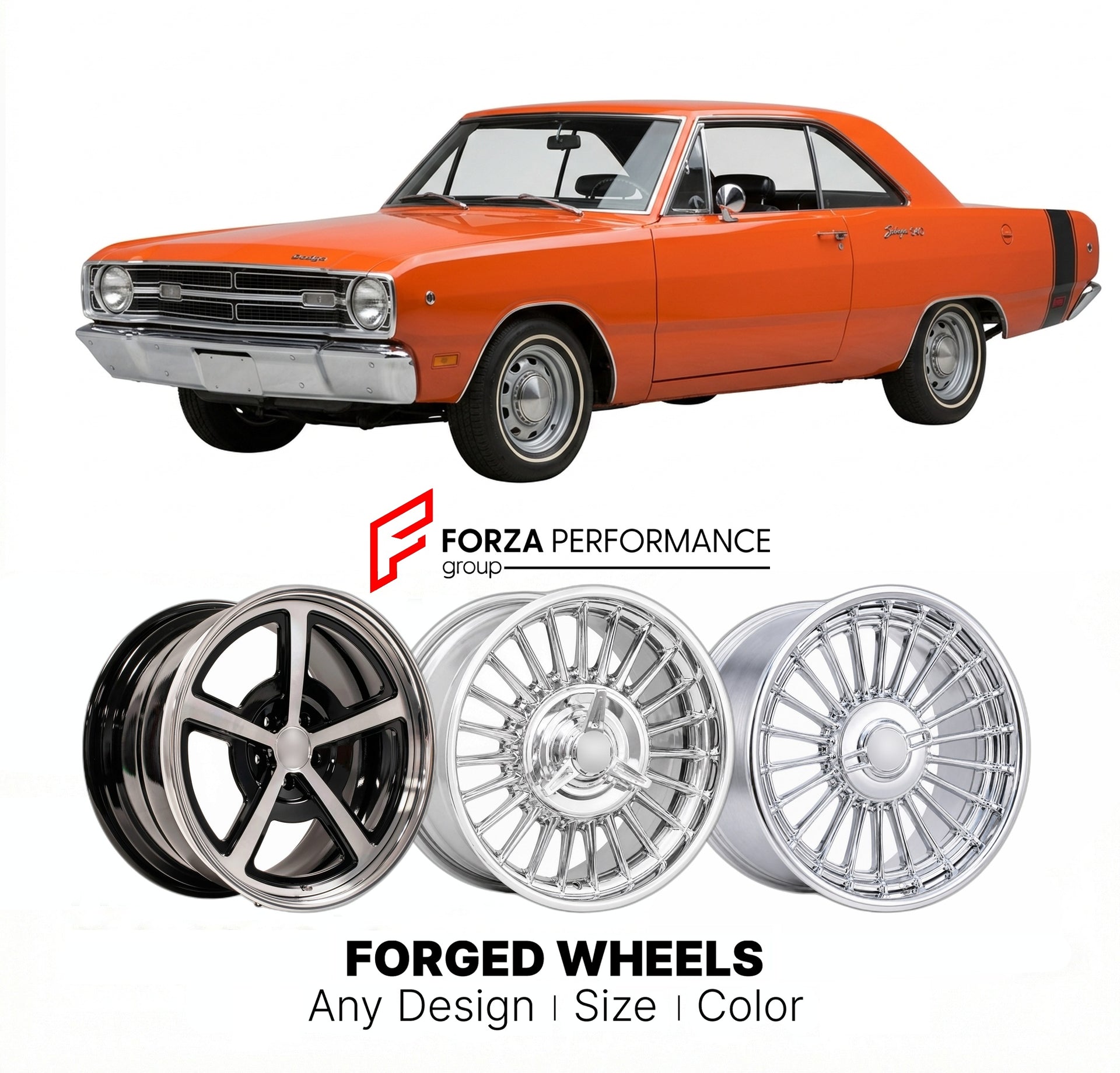 CUSTOM CLASSIC VINTAGE RESTOMOD RETRO OLD SCHOOL FORGED WHEELS RIMS for DODGE SWINGER 1969 - 1976
Custom forged wheels for classic American muscle cars. Ideal for restomod builds, vintage restorations, and show cars. Deep dish and retro styling available.

We manufacture premium quality forged wheels rims for Dodge Swinger 1969 - 1976 in any design, size, color.

THIS WHEEL DESIGN CAN BE CUSTOM-MADE FOR YOUR CAR IN ANY SIZE AND COLOR OPTIONS
Available in monoblock, 2-piece, 3-piece, duoblock, beadlock
3D wh