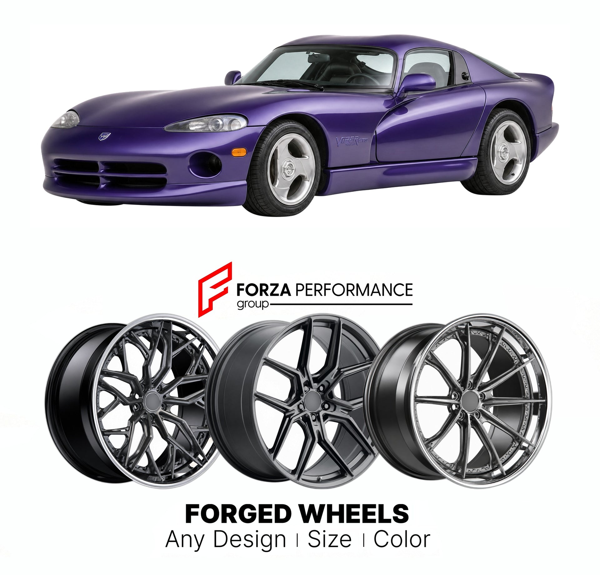 FORGED WHEELS RIMS for DODGE VIPER FINAL EDITION SR II 1996 - 2002

Custom forged wheels for Dodge Viper Final Edition SR II 1996 - 2002. Made-to-order monoblock, 2-piece and 3-piece rims in custom sizes, offsets, colors and finishes with guaranteed fitment.

We manufacture premium quality forged wheels rims for Dodge Viper Final Edition SR II 1996 - 2002 in any design, size, color.

THIS WHEEL DESIGN CAN BE CUSTOM-MADE FOR YOUR CAR IN ANY SIZE AND COLOR OPTIONS
Available in monoblock, 2-piece, 3-piece, duo