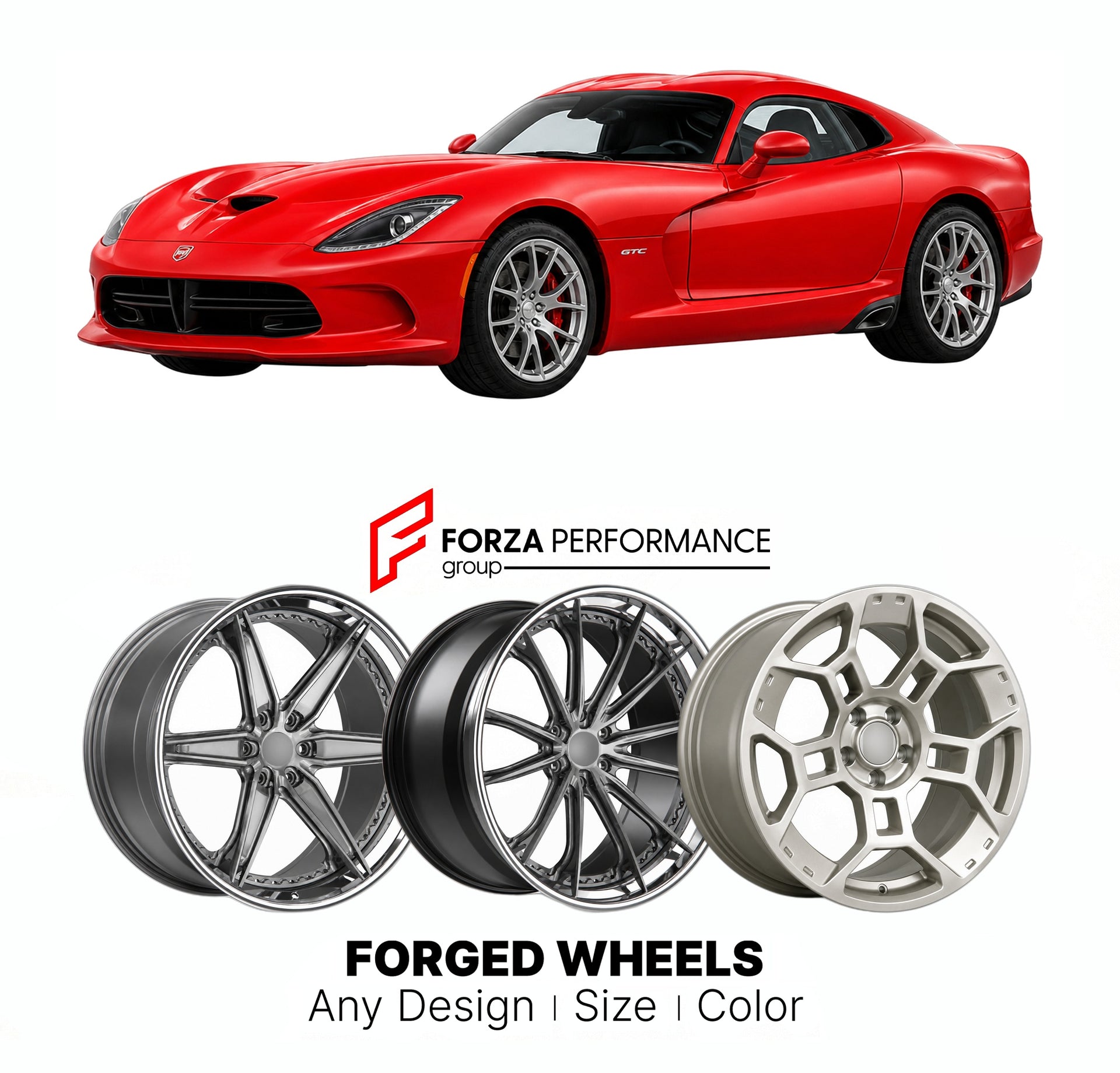 FORGED WHEELS RIMS for DODGE VIPER GTC VX 2013 - 2017

Custom forged wheels for Dodge Viper GTC VX 2013 - 2017. Made-to-order monoblock, 2-piece and 3-piece rims in custom sizes, offsets, colors and finishes with guaranteed fitment.

We manufacture premium quality forged wheels rims for Dodge Viper GTC VX 2013 - 2017 in any design, size, color.

THIS WHEEL DESIGN CAN BE CUSTOM-MADE FOR YOUR CAR IN ANY SIZE AND COLOR OPTIONS
Available in monoblock, 2-piece, 3-piece, duoblock, beadlock
3D wheel renderings are