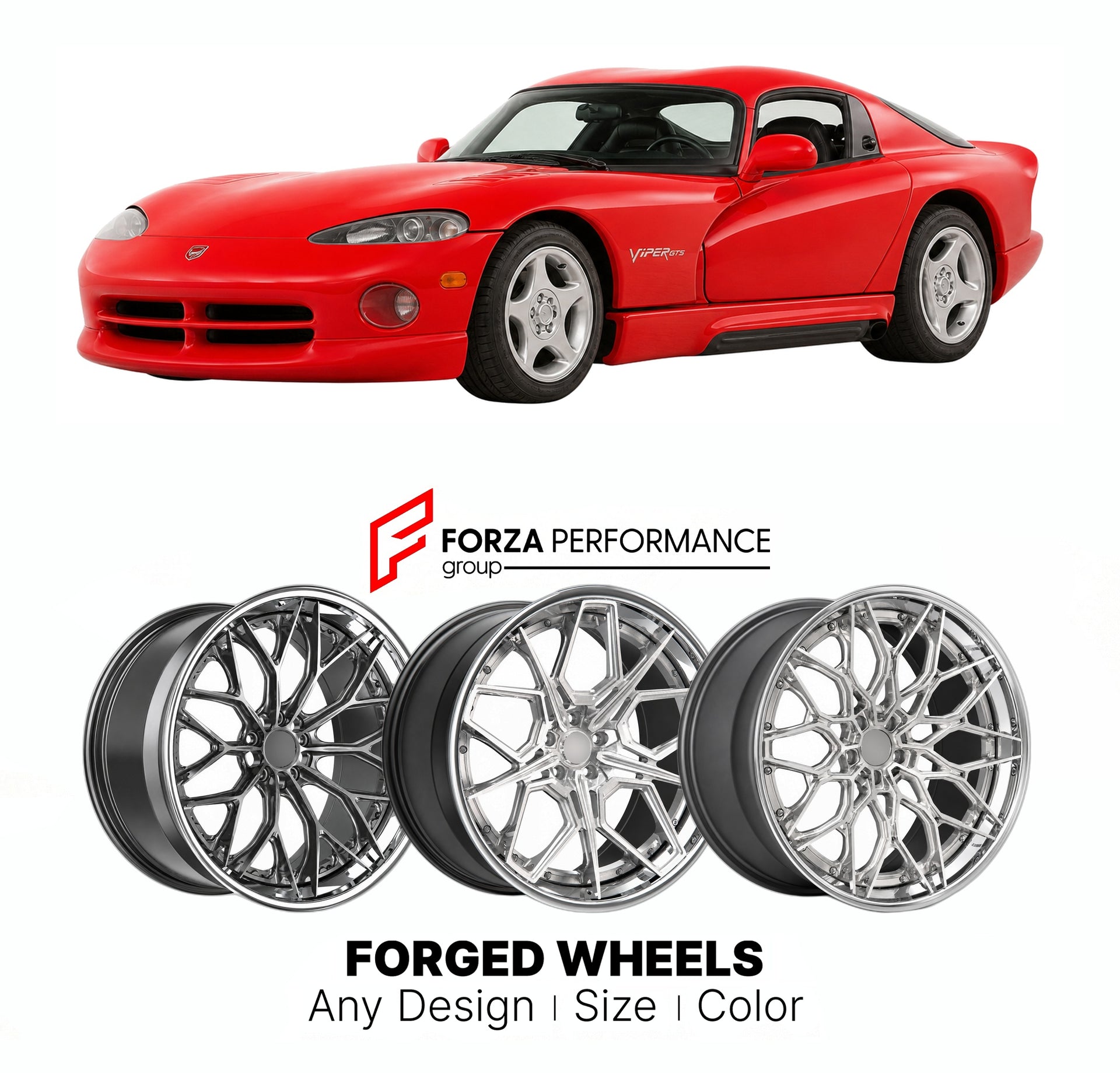 FORGED WHEELS RIMS for DODGE VIPER GTS SR II 1996 - 2002

Custom forged wheels for Dodge Viper GTS SR II 1996 - 2002. Made-to-order monoblock, 2-piece and 3-piece rims in custom sizes, offsets, colors and finishes with guaranteed fitment.

We manufacture premium quality forged wheels rims for Dodge Viper GTS SR II 1996 - 2002 in any design, size, color.

THIS WHEEL DESIGN CAN BE CUSTOM-MADE FOR YOUR CAR IN ANY SIZE AND COLOR OPTIONS
Available in monoblock, 2-piece, 3-piece, duoblock, beadlock
3D wheel rende