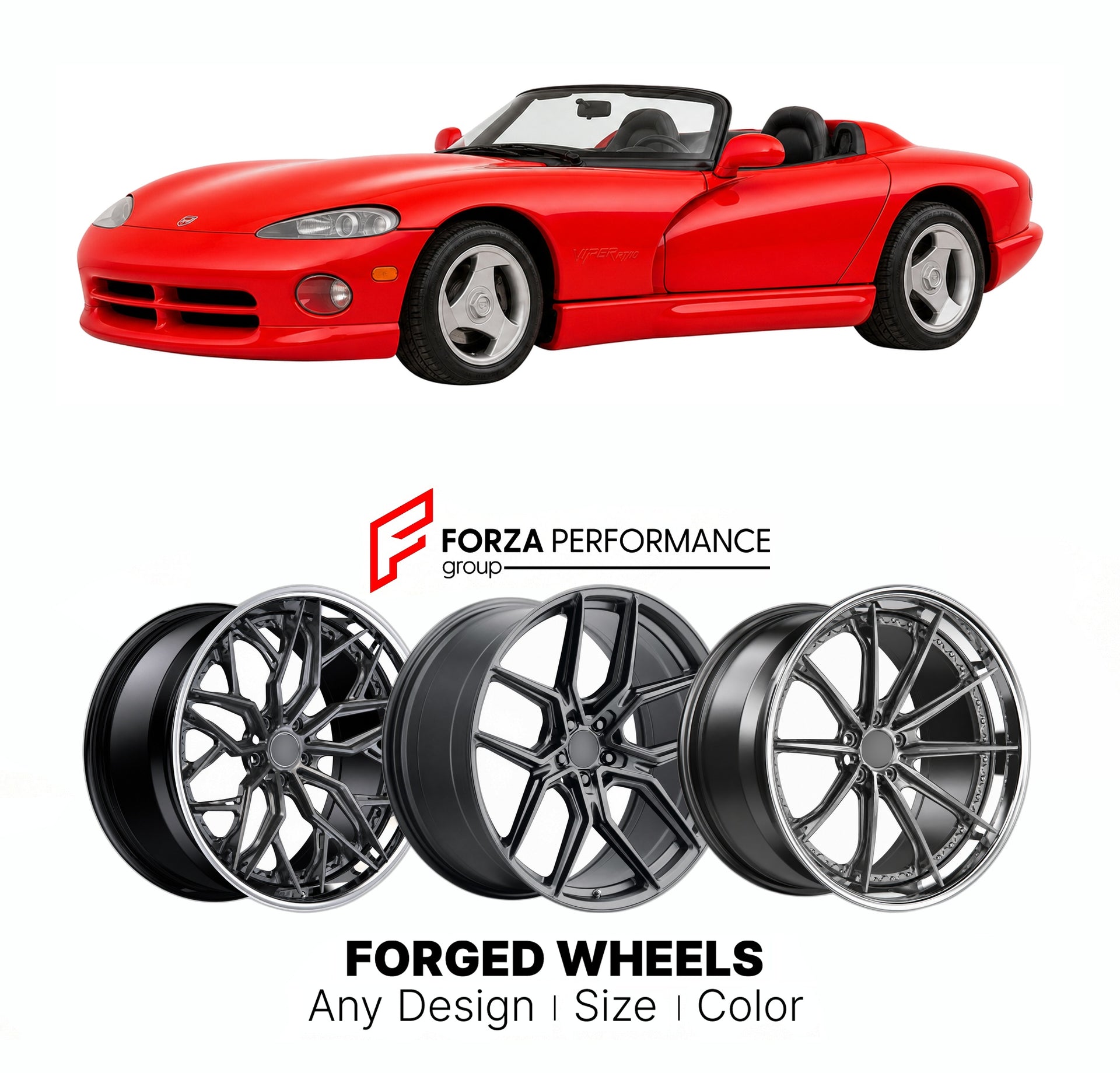 FORGED WHEELS RIMS for DODGE VIPER RT 10 ROADSTER SR I 1992 - 1995

Custom forged wheels for Dodge Viper RT 10 Roadster SR I 1992 - 1995. Made-to-order monoblock, 2-piece and 3-piece rims in custom sizes, offsets, colors and finishes with guaranteed fitment.

We manufacture premium quality forged wheels rims for Dodge Viper RT 10 Roadster SR I 1992 - 1995 in any design, size, color.

THIS WHEEL DESIGN CAN BE CUSTOM-MADE FOR YOUR CAR IN ANY SIZE AND COLOR OPTIONS
Available in monoblock, 2-piece, 3-piece, duo