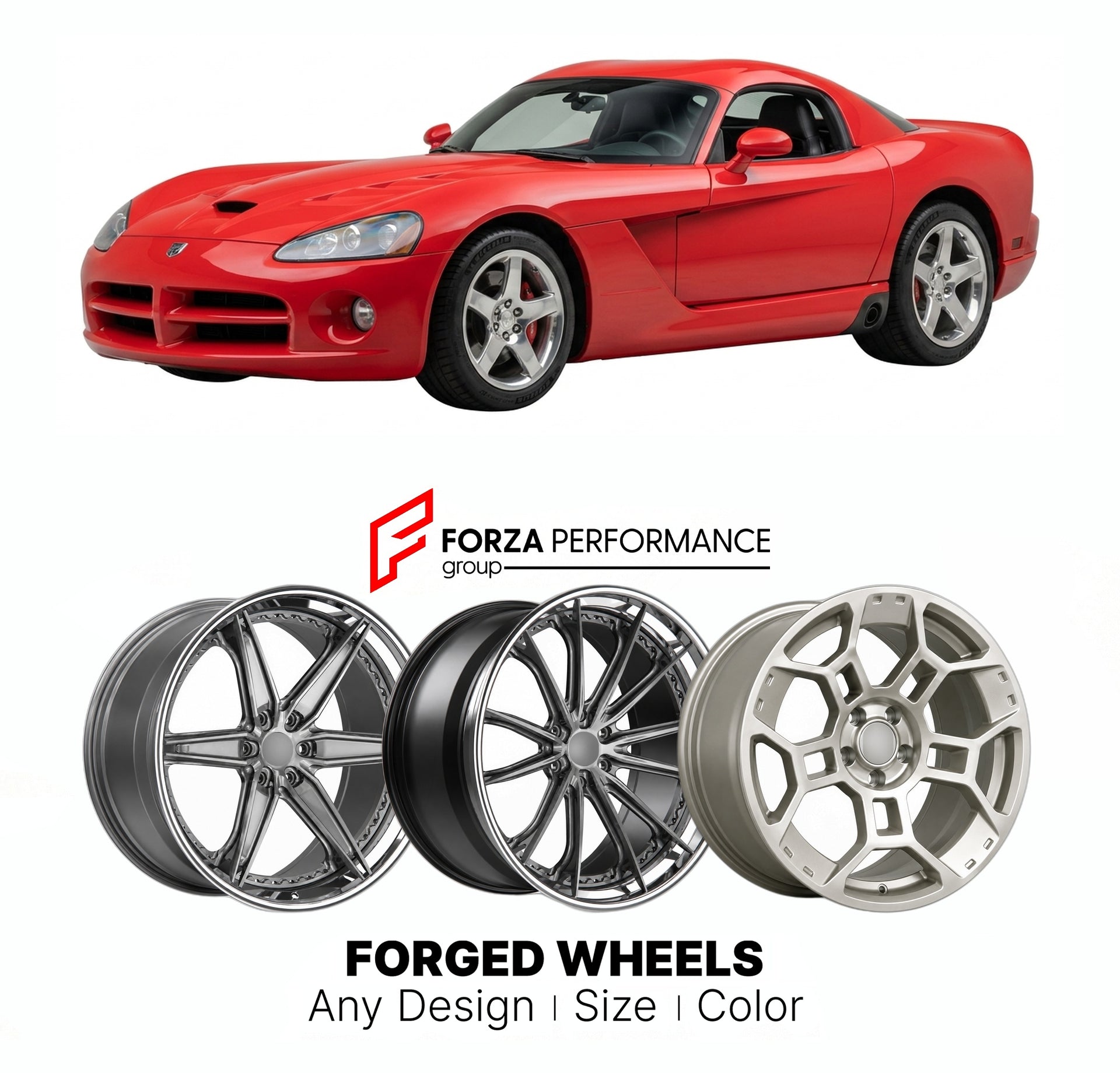 FORGED WHEELS RIMS for DODGE VIPER SRT-10 2003 - 2010

Custom forged wheels for Dodge Viper SRT-10 2003 - 2010. Made-to-order monoblock, 2-piece and 3-piece rims in custom sizes, offsets, colors and finishes with guaranteed fitment.

We manufacture premium quality forged wheels rims for Dodge Viper SRT-10 2003 - 2010 in any design, size, color.

THIS WHEEL DESIGN CAN BE CUSTOM-MADE FOR YOUR CAR IN ANY SIZE AND COLOR OPTIONS
Available in monoblock, 2-piece, 3-piece, duoblock, beadlock
3D wheel renderings are