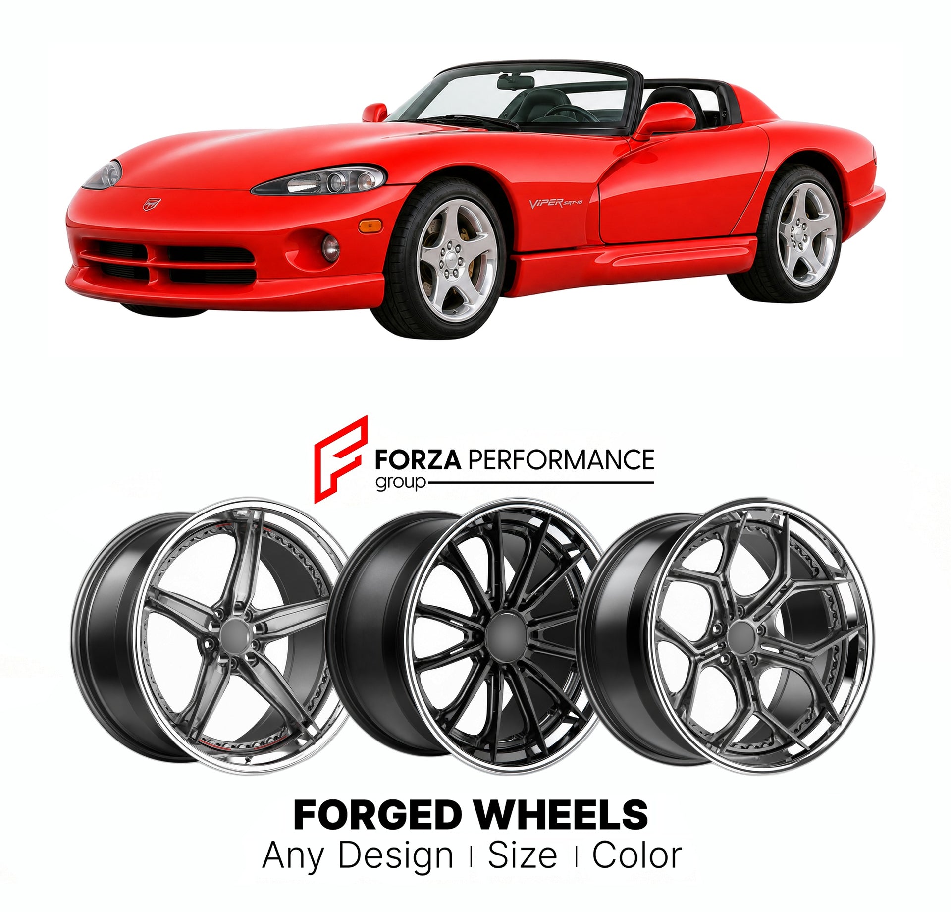 FORGED WHEELS RIMS for DODGE VIPER SRT-10 ROADSTER ZB I ZB II 2003 - 2010

Custom forged wheels for Dodge Viper SRT-10 Roadster ZB I ZB II 2003 - 2010. Made-to-order monoblock, 2-piece and 3-piece rims in custom sizes, offsets, colors and finishes with guaranteed fitment.

We manufacture premium quality forged wheels rims for Dodge Viper SRT-10 Roadster ZB I ZB II 2003 - 2010 in any design, size, color.

THIS WHEEL DESIGN CAN BE CUSTOM-MADE FOR YOUR CAR IN ANY SIZE AND COLOR OPTIONS
Available in monoblock, 
