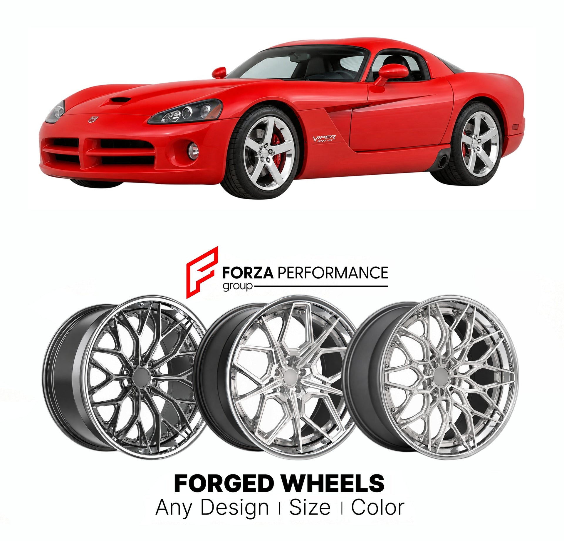 FORGED WHEELS RIMS for DODGE VIPER SRT-10 ZB II COUPE ROADSTER 2008 - 2010

Custom forged wheels for Dodge Viper SRT-10 ZB II Coupe Roadster 2008 - 2010. Made-to-order monoblock, 2-piece and 3-piece rims in custom sizes, offsets, colors and finishes with guaranteed fitment.

We manufacture premium quality forged wheels rims for Dodge Viper SRT-10 ZB II Coupe Roadster 2008 - 2010 in any design, size, color.

THIS WHEEL DESIGN CAN BE CUSTOM-MADE FOR YOUR CAR IN ANY SIZE AND COLOR OPTIONS
Available in monobloc