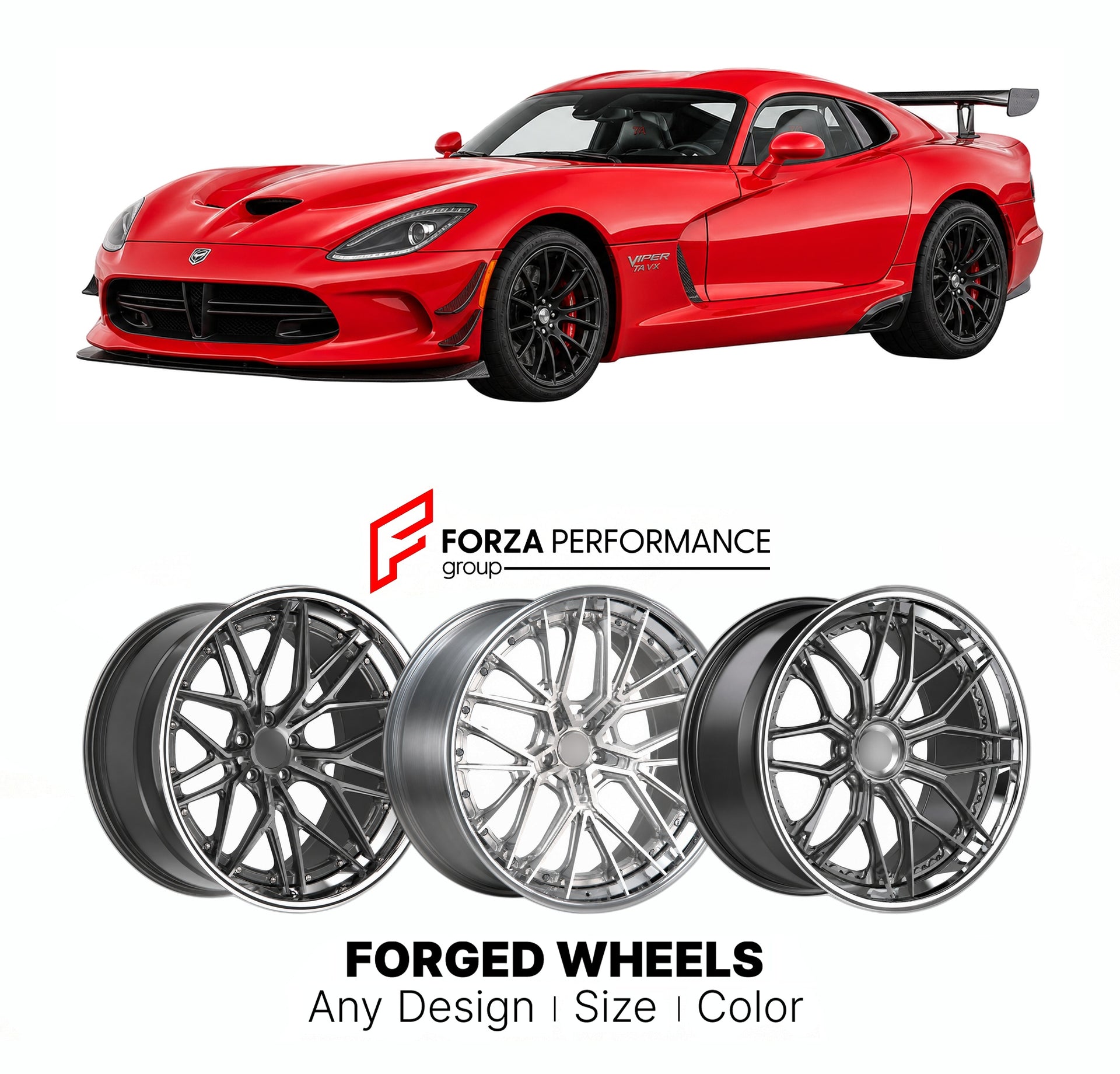 FORGED WHEELS RIMS for DODGE VIPER TA VX 2013 - 2017

Custom forged wheels for Dodge Viper TA VX 2013 - 2017. Made-to-order monoblock, 2-piece and 3-piece rims in custom sizes, offsets, colors and finishes with guaranteed fitment.

We manufacture premium quality forged wheels rims for Dodge Viper TA VX 2013 - 2017 in any design, size, color.

THIS WHEEL DESIGN CAN BE CUSTOM-MADE FOR YOUR CAR IN ANY SIZE AND COLOR OPTIONS
Available in monoblock, 2-piece, 3-piece, duoblock, beadlock
3D wheel renderings are pr