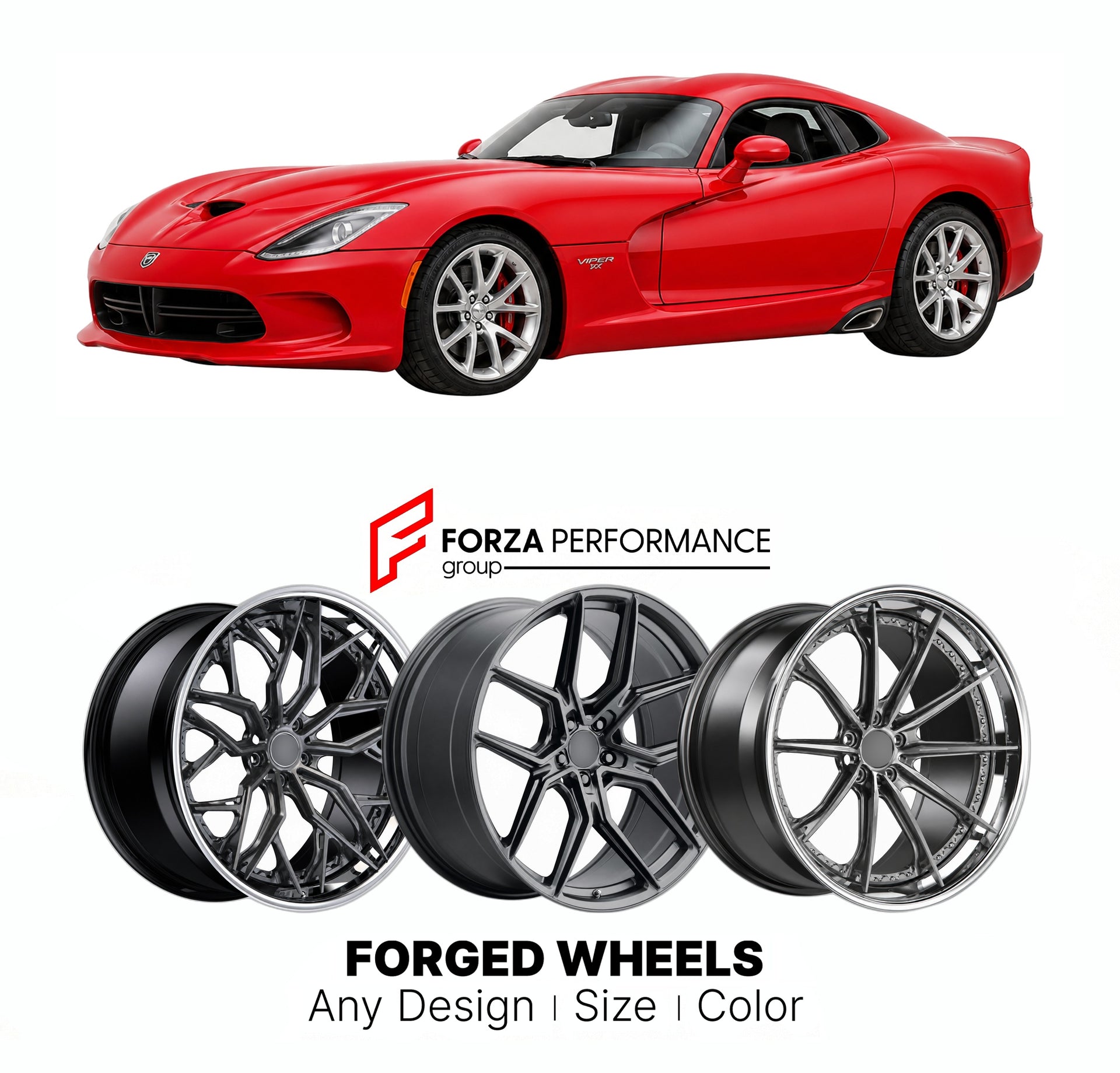 FORGED WHEELS RIMS for DODGE VIPER VX 2013 - 2017

Custom forged wheels for Dodge Viper VX 2013 - 2017. Made-to-order monoblock, 2-piece and 3-piece rims in custom sizes, offsets, colors and finishes with guaranteed fitment.

We manufacture premium quality forged wheels rims for Dodge Viper VX 2013 - 2017 in any design, size, color.

THIS WHEEL DESIGN CAN BE CUSTOM-MADE FOR YOUR CAR IN ANY SIZE AND COLOR OPTIONS
Available in monoblock, 2-piece, 3-piece, duoblock, beadlock
3D wheel renderings are provided ac