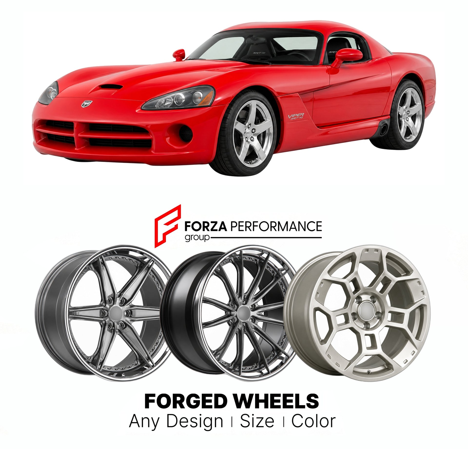 FORGED WHEELS RIMS for DODGE VIPER ZB II 2008 - 2010

Custom forged wheels for Dodge Viper ZB II 2008 - 2010. Made-to-order monoblock, 2-piece and 3-piece rims in custom sizes, offsets, colors and finishes with guaranteed fitment.

We manufacture premium quality forged wheels rims for Dodge Viper ZB II 2008 - 2010 in any design, size, color.

THIS WHEEL DESIGN CAN BE CUSTOM-MADE FOR YOUR CAR IN ANY SIZE AND COLOR OPTIONS
Available in monoblock, 2-piece, 3-piece, duoblock, beadlock
3D wheel renderings are pr