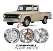 CUSTOM CLASSIC VINTAGE RESTOMOD RETRO OLD SCHOOL FORGED WHEELS RIMS for DODGE W100 1961 - 1965
Custom forged wheels for classic American muscle cars. Ideal for restomod builds, vintage restorations, and show cars. Deep dish and retro styling available.

We manufacture premium quality forged wheels rims for Dodge W100 1961 - 1965 in any design, size, color.

THIS WHEEL DESIGN CAN BE CUSTOM-MADE FOR YOUR CAR IN ANY SIZE AND COLOR OPTIONS
Available in monoblock, 2-piece, 3-piece, duoblock, beadlock
3D wheel re